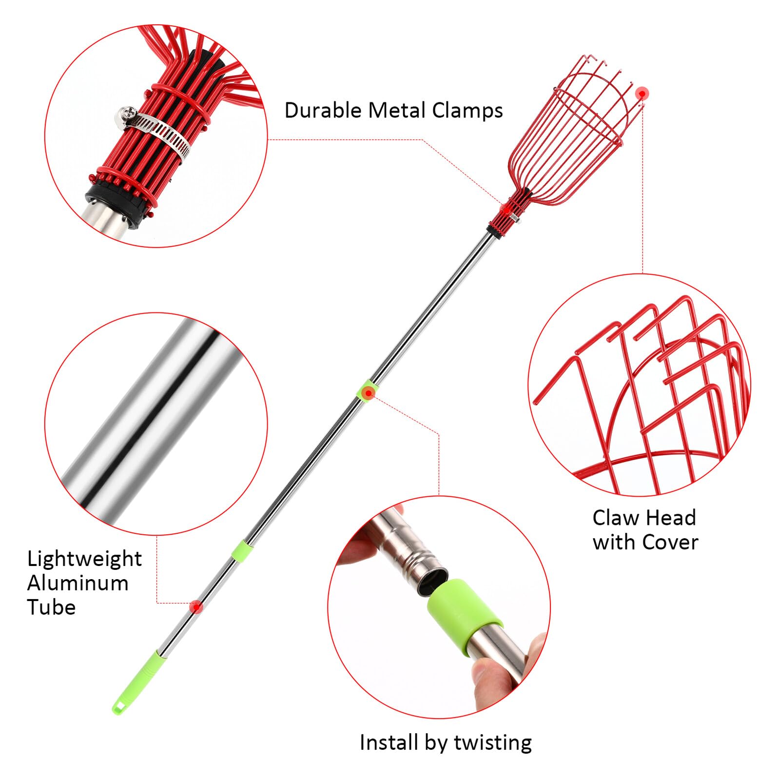 Cueille-Fruits Télescopique en Acier Inoxydable 1,2 Mètre, Outil de Cueillette pour Arbres Fruitiers Panier Rembourré, Léger et Robuste, Ramasse Fruits pour Orangers et Poiriers