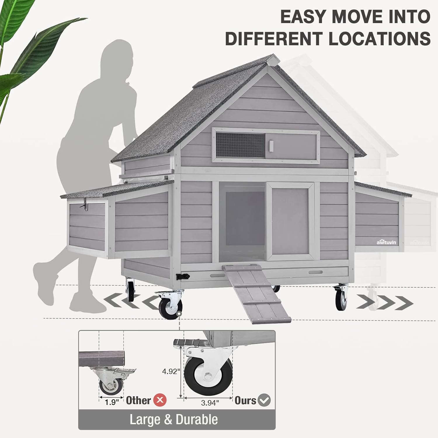 Large Chicken Coop with Wheels, Expandable Chicken House for Outdoor with Two Nesting Box, Leakproof Pull-on Tray and UV-Resistant Roof Panel