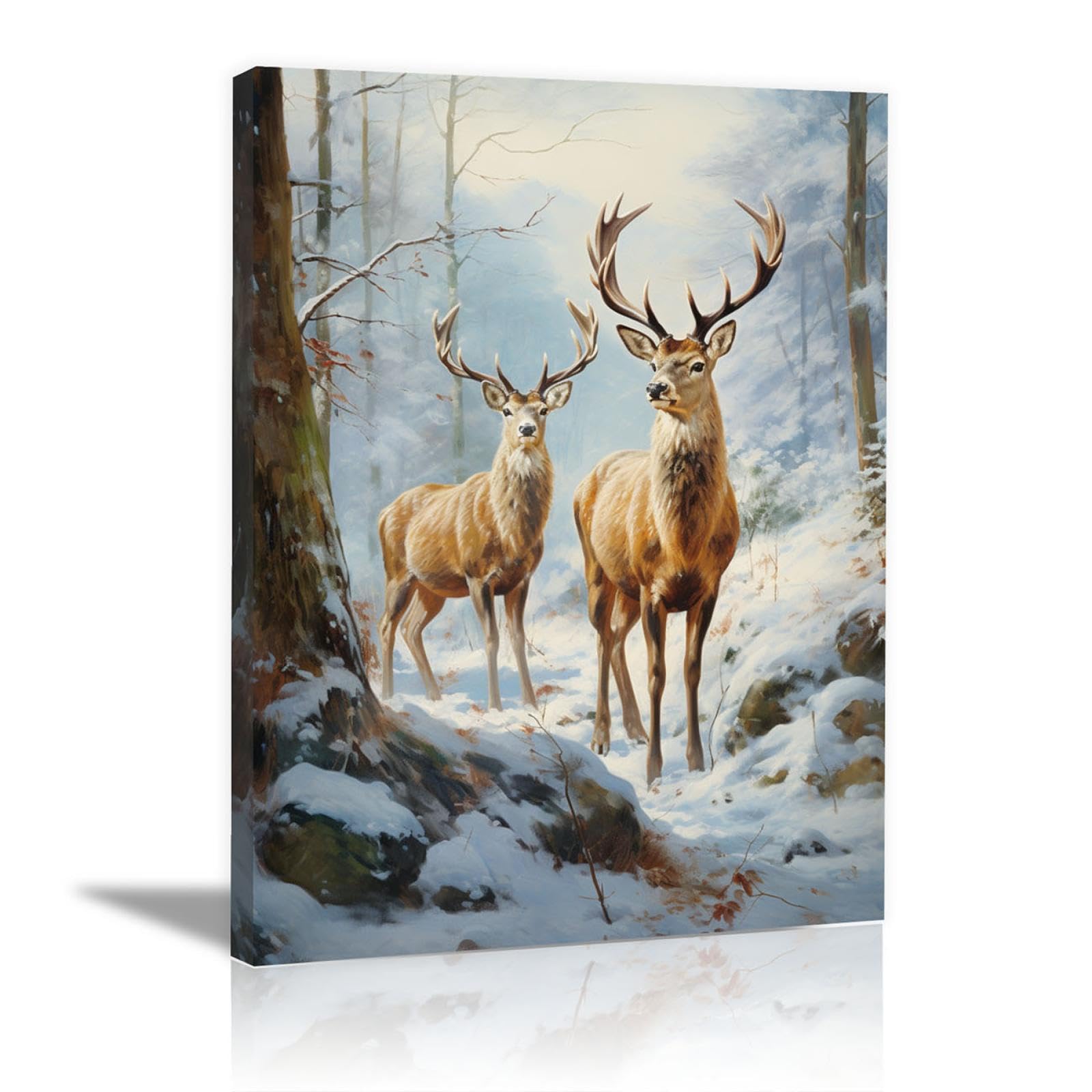 JOSUE Tier LeinwäNde Groß Xxl Wall Decoration Bilder,Hirsche im Winterschneewald Weiss-braun Wandbilder FüR Schlafzimmer BüRo Home Dekorationen-75x115cm Gerahmt