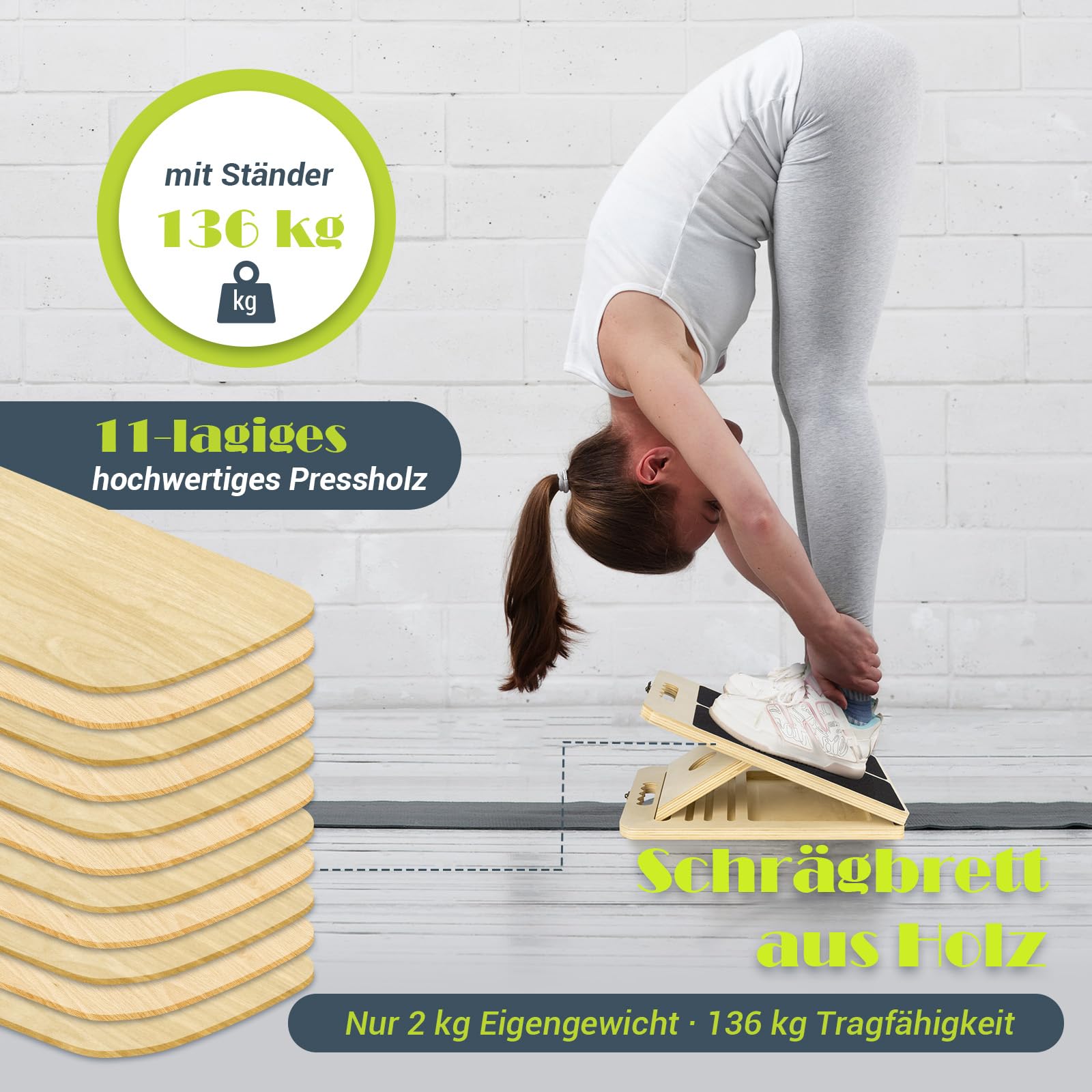 Wadendehner Schrägbrett aus Holz, Slant Board mit 5 Winkeln und Trainingsposter, Verstellbar Wadenstrecker mit Tragegriff, Mobility Board für Wadenstreckung