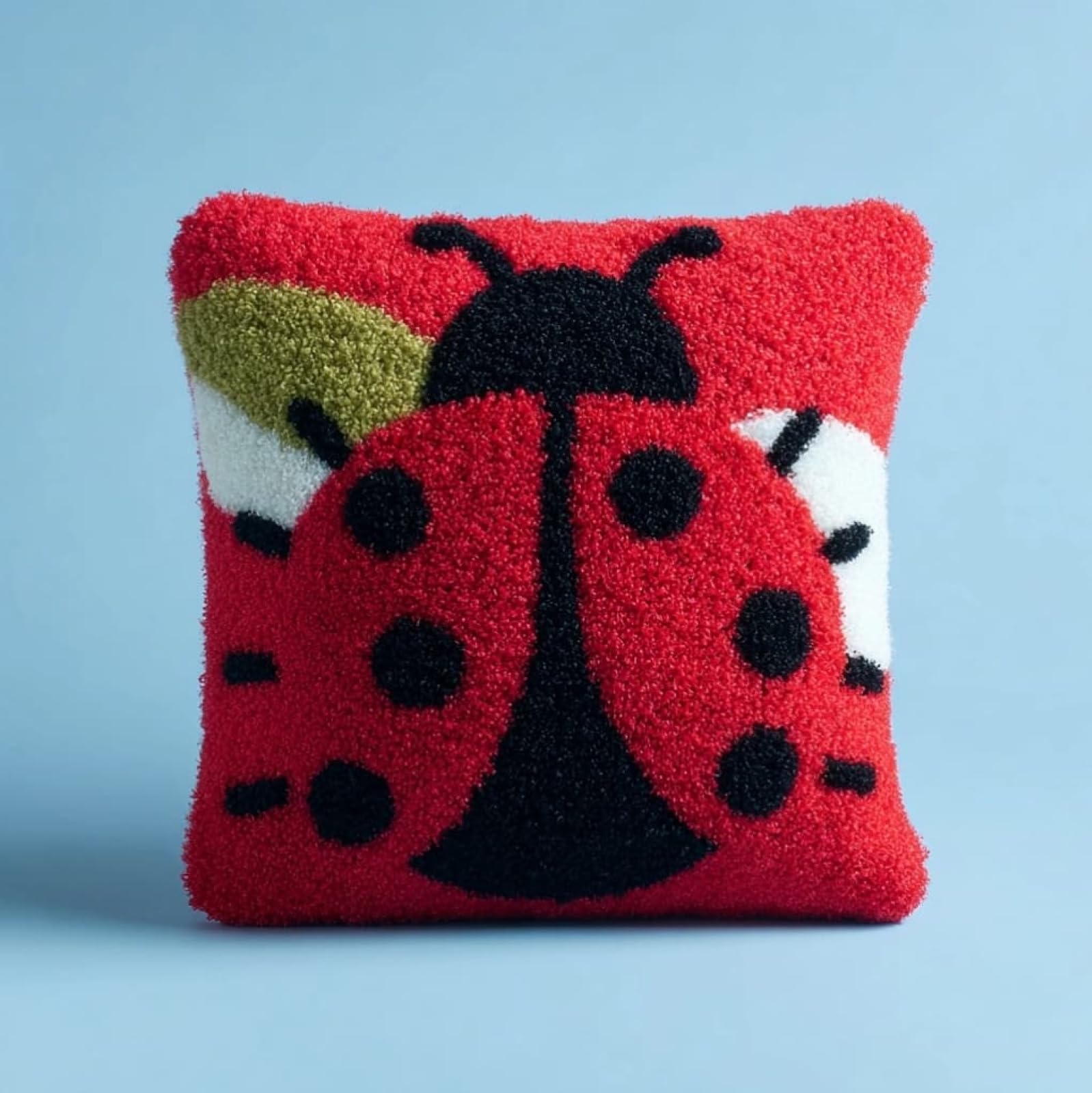 AxiangziK Latch Hook Cushion Kit for Beginners,Cartoon Ladybug 43x43cm Pre-Printed Canvas DIY Craft Set,Complete Cushion Cover Kit for Living Room Sofa Decor