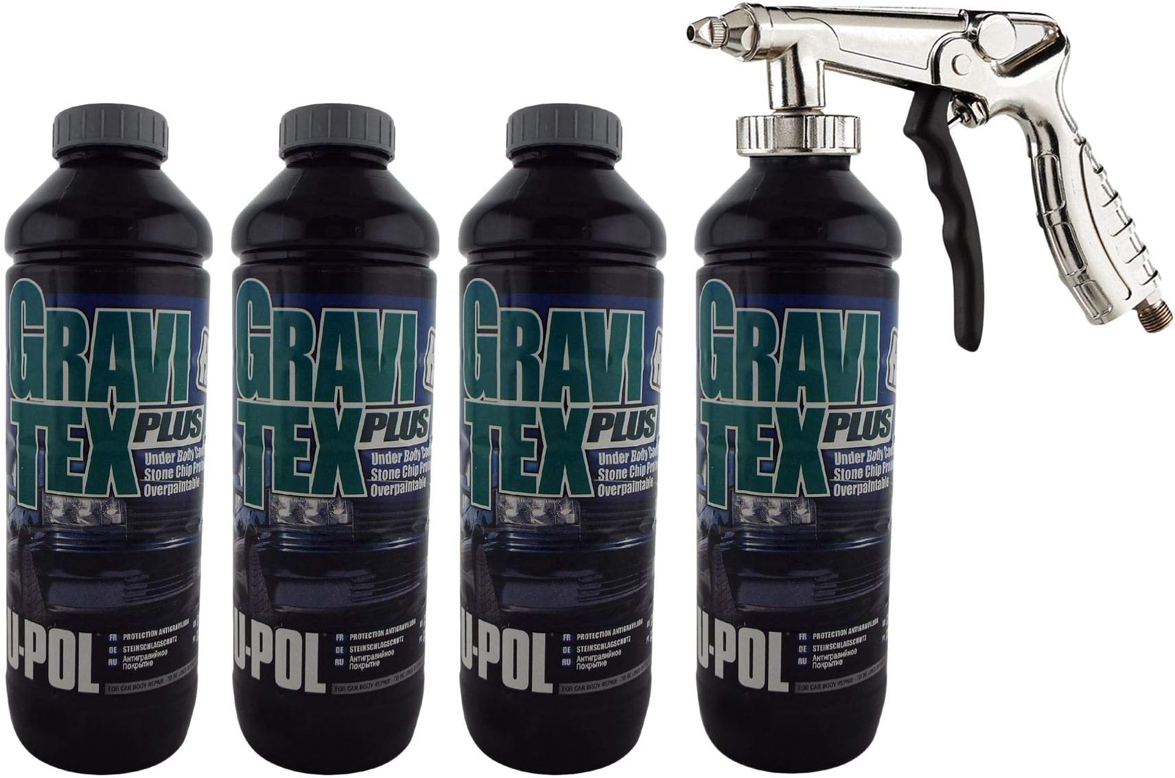 GravitexUPol Stone Chip Protector Grey 1 Litre X 4Overpaintable Chassis Protection + Air Application Gun Tough Hard Durable Coating Designed To Reproduce The Manufacturers Original Stone Chip Finish