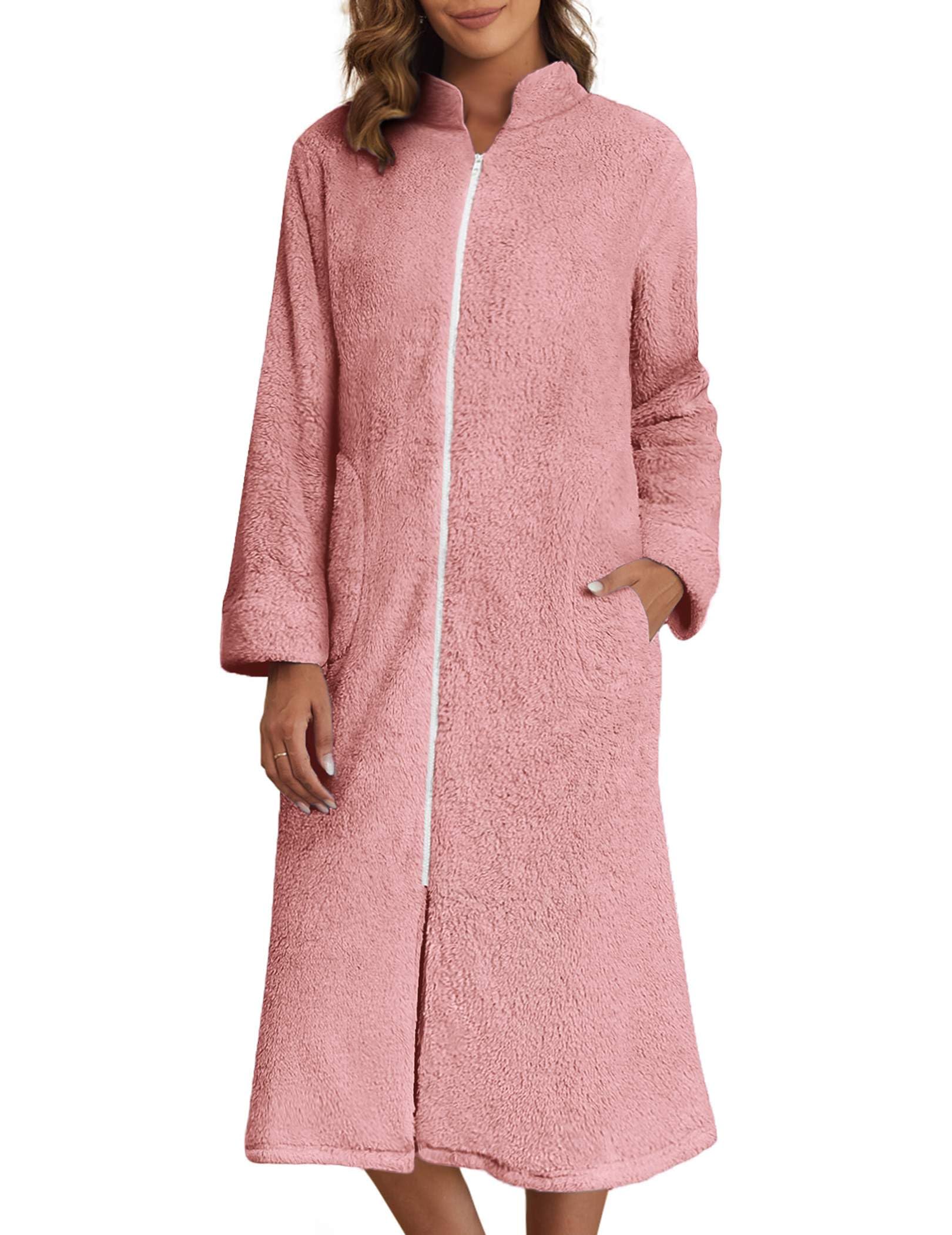 Ekouaer Women's Zip Up Robe Fleece Bathrobe Long Zipper Lounger Warm Housecoat Long Sleeve Nightgown with Pockets S-XXL