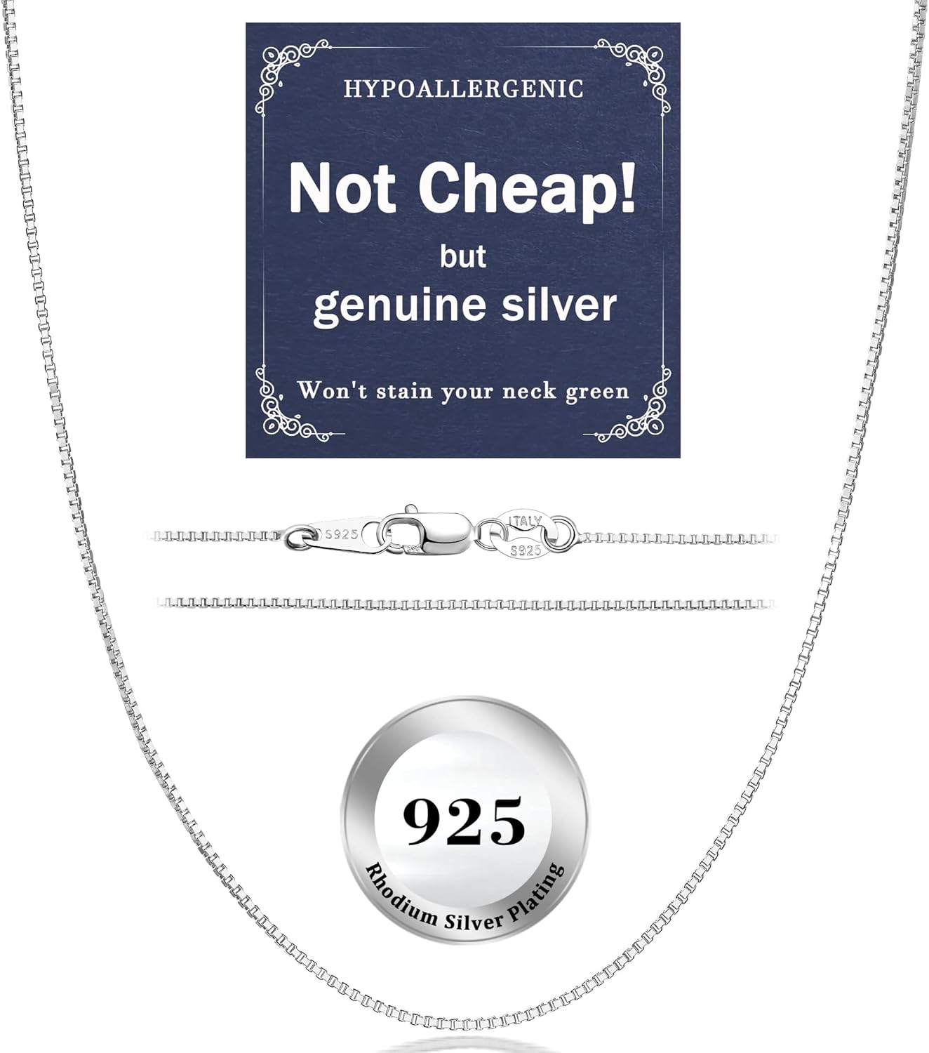 Italian 1.2/1.0/0.8mm 925 Sterling Silver Box Chain Necklace for Women, Solid 18K Gold Plated Nickel-Free Hypoallergenic Thin & Dainty Women's Chain Necklaces 14 16 18 20 22 24 Inch