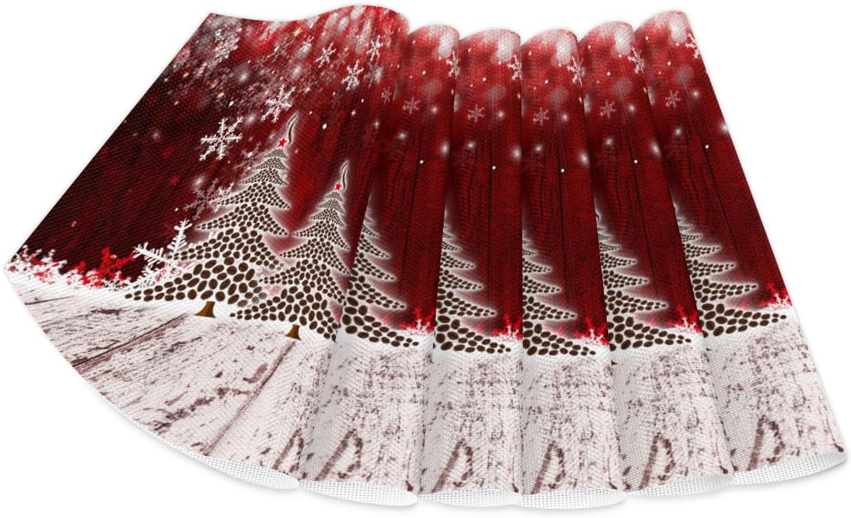 Christmas PVC Placemats for Round Table - Set of 4 with Round Centerpiece Mat, Coffee Tree Winter Snowflake Wedge Table Mats - Washable
