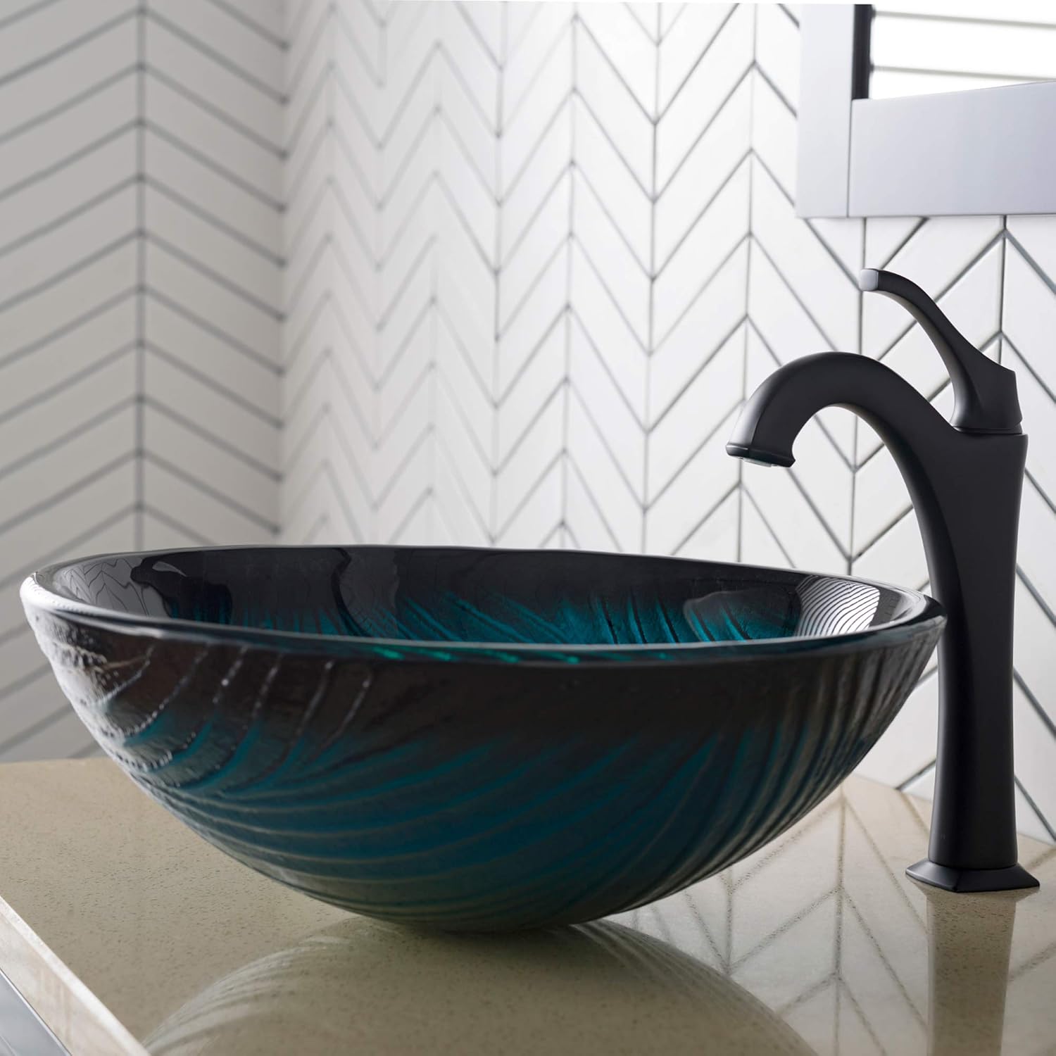 KRAUS 17-inch Green Glass Nature Series™ Bathroom Vessel Sink and Matte Black Arlo™ Faucet Combo Set with Pop-Up Drain