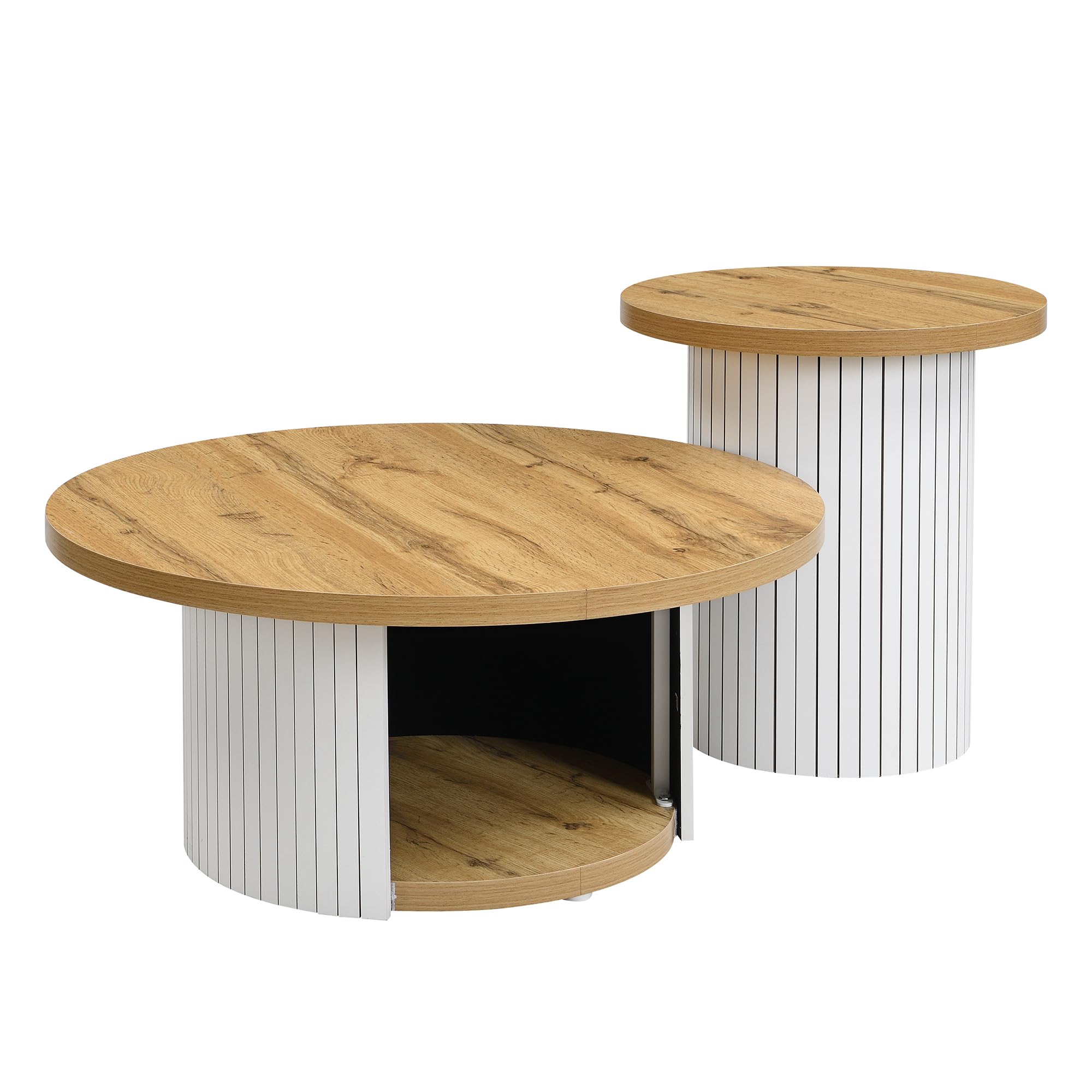 Mesa de centro, mesa redonda doble, mesa auxiliar con listones de madera natural. Mesa de salón multifuncional