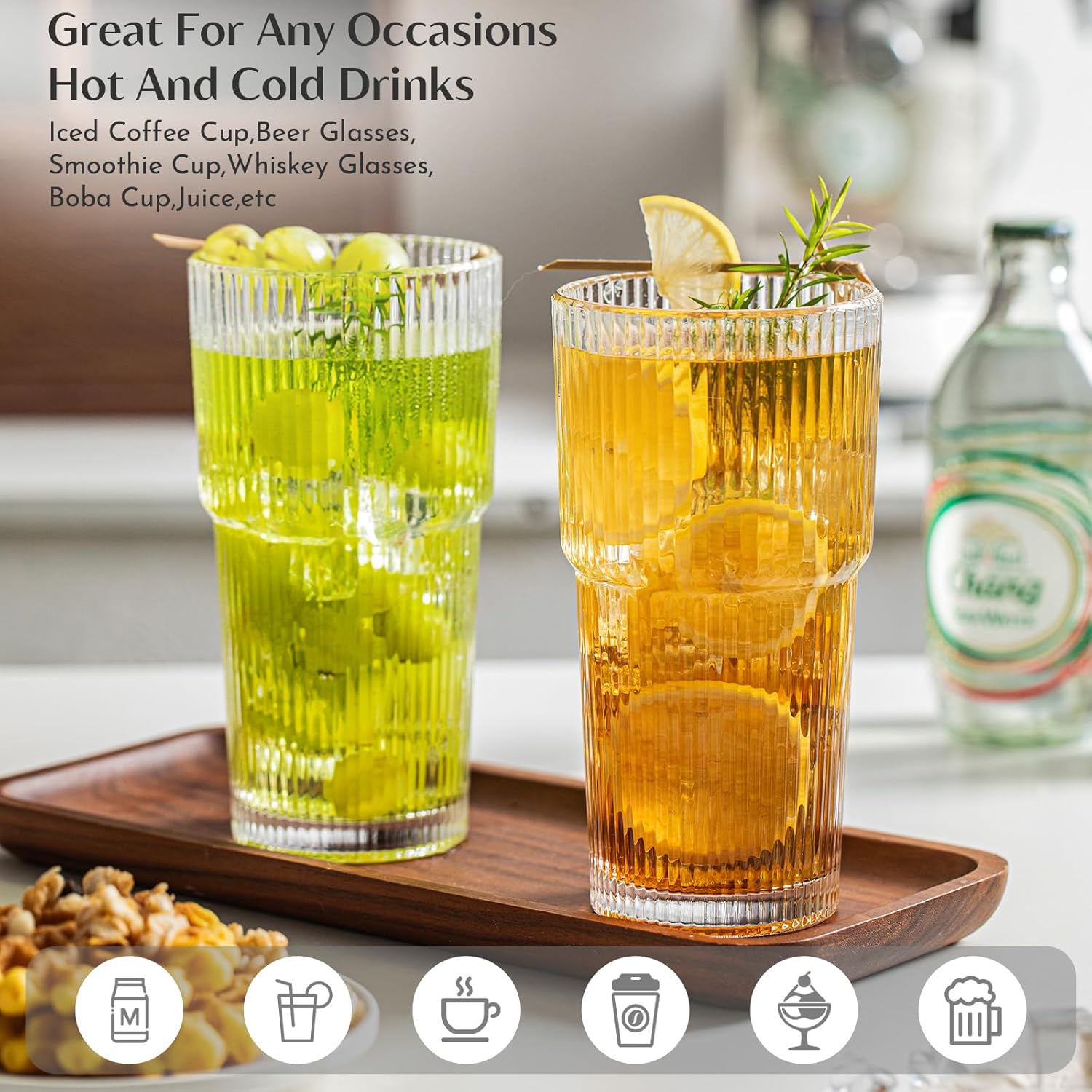 INSETLAN 20oz Ribbed Glass Tumbler Set of 4 – Large Capacity Drinking Glasses for Iced Coffee, Water, Juice, and Cocktails – Elegant Modern Glassware for Everyday Use and Special Occasions - Image 3