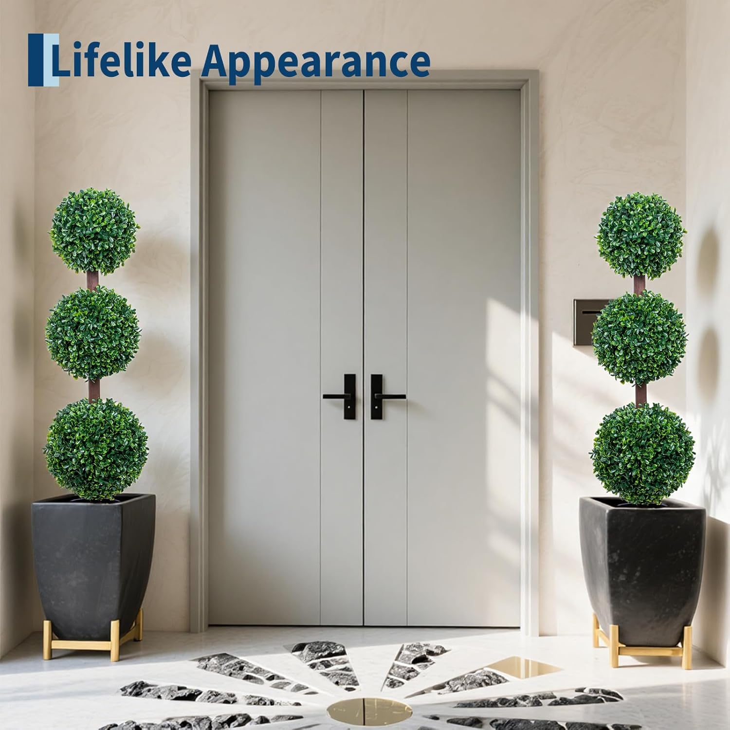 GarveeHome 2 Pack Triple Ball Boxwood Topiary Tree, 3FT Realistic Indoor Outdoor Faux Greenery with Black Planter, Perfect for Entryway Patio Home Office Decor