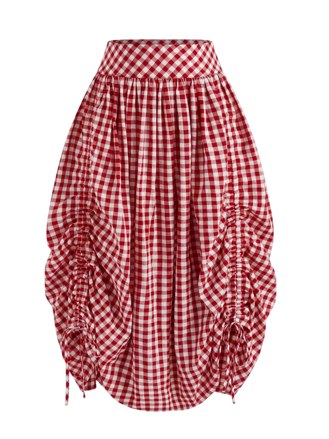 SOLY HUX Women's Plaid Gingham High Waisted Drawstring Ruched Midi Skirt