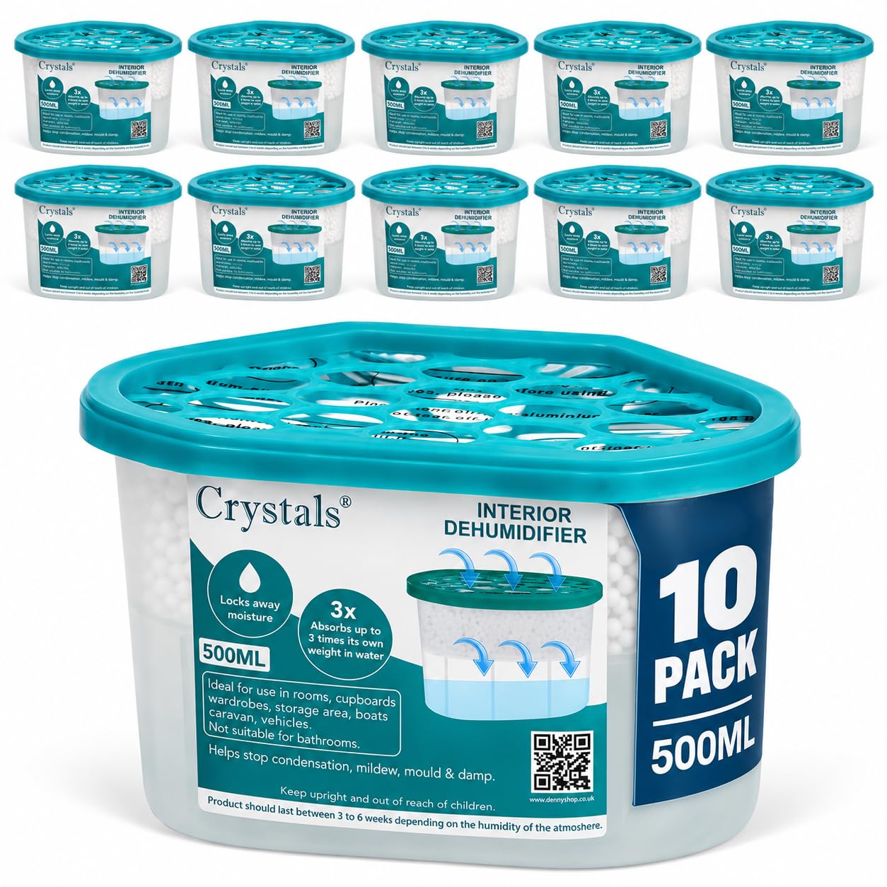 Crystals 500ml Dehumidifiers – Moisture Absorber & Condensation Remover for Damp, Mould & Humidity in Homes, Bedrooms, Kitchens, Bathrooms, Caravans, Offices, Garages & Basements (10 BOXES)
