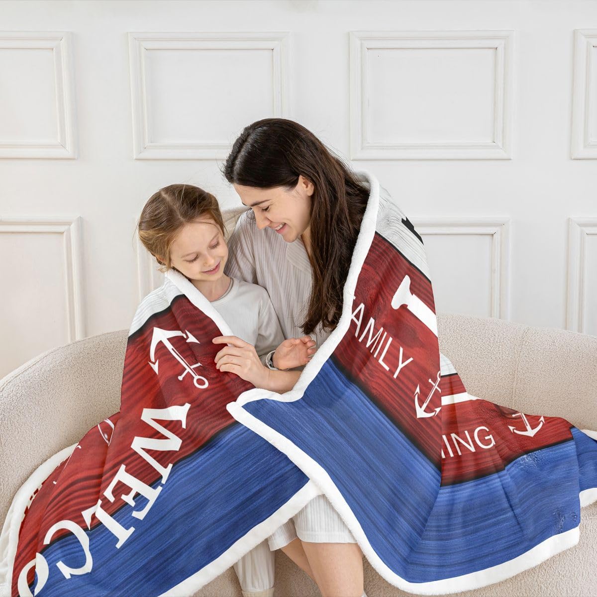 Erosebridal Lake House Plush Blanket Queen 90"X90" Lake House Fishing Fleece Blanket for Bed Couch Beach Paddle Anchor Throw Blanket Rustic Farmhouse Flannel Blanket Retro Red Blue Home Room Decor