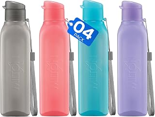 Bulk Water Bottles Set of 4 –17oz Multicolor Sports Bottles for Kids and Adults – Leak Proof Water Bottles with Carry Strap – Square Reusable Bottles for Juice, Drinks – BPA-Free Dishwasher-Safe