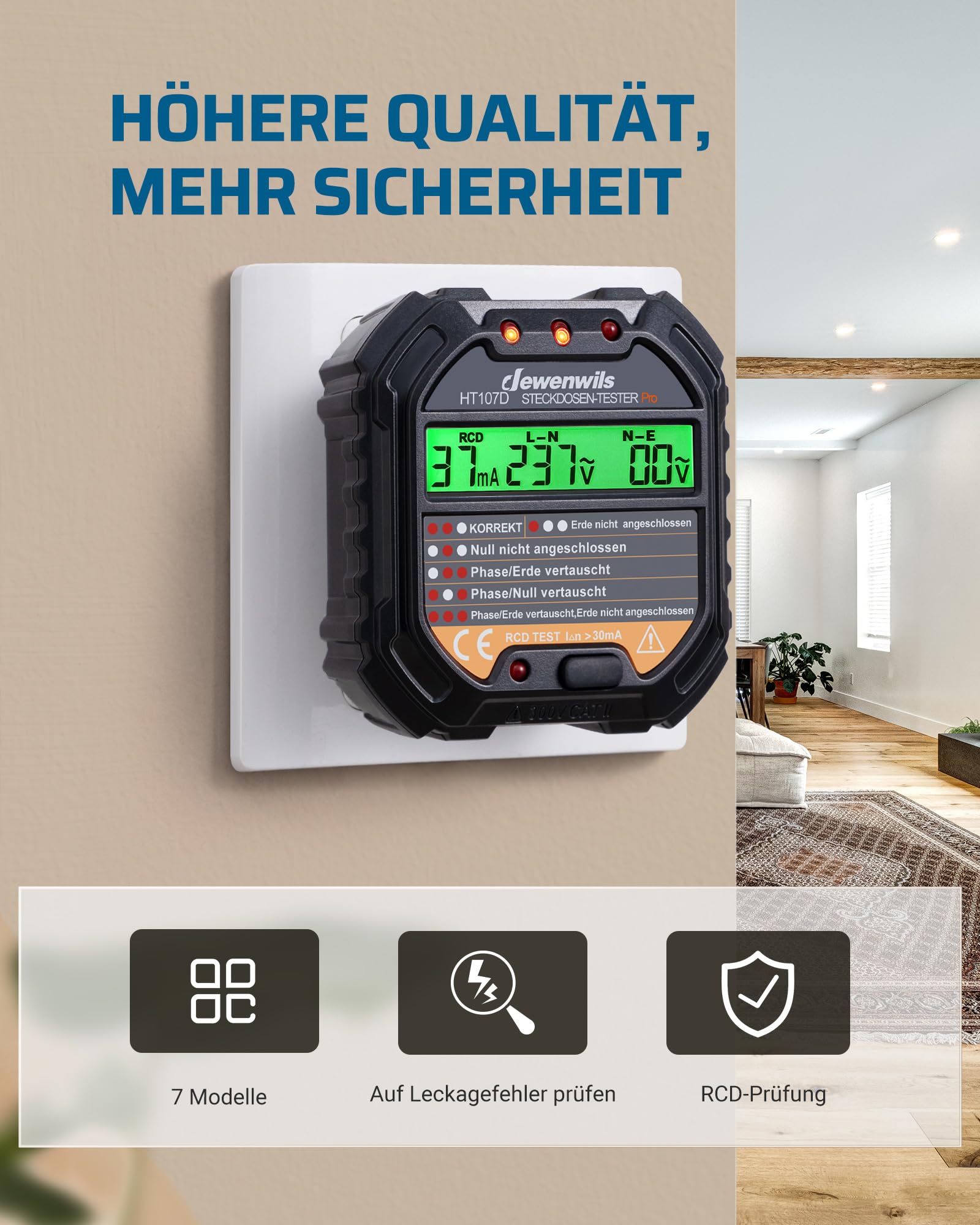 DEWENWILS Probador de Enchufes con Prueba RCD y Pantalla de Voltaje LCD, Pantalla de Luz Indicadora, Prueba FI, 48-250V/45-65Hz, CAT ll 300V