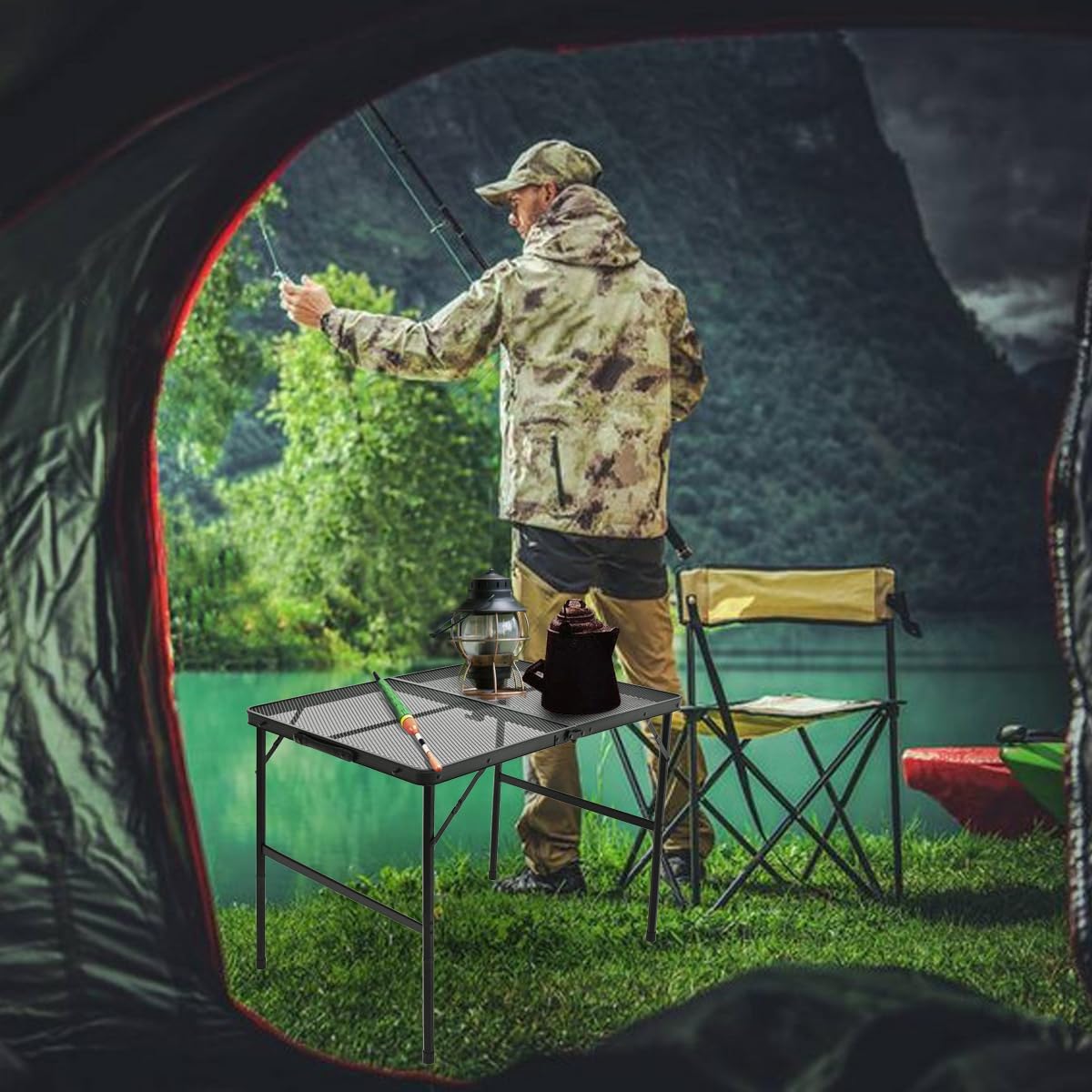 Camping Table，Folding Grill Table with Mesh Desktop,Adjustable Height Collapsible Table for Picnic,Camping,BBQ (23.6" D x15.7 W x 22.5" H)