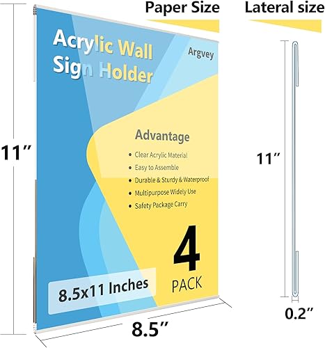 Miniatura 9 de Paquete de 8 soportes acrílicos para letreros de 8.5 x 11 pulgadas, soporte de pared de plástico transparente con cinta 3M, exhibición de folletos