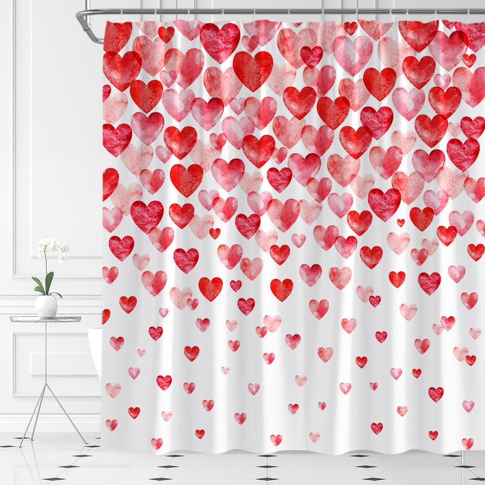 Valentine's Day Shower Curtain Lovely Hearts Modern Simple Abstract Hippie Minimalist Girls Modern Fabric Bathroom Decor Set with Hooks(74.8" Wx70 H)