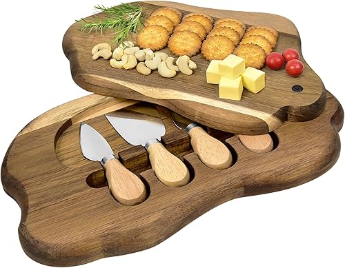 Tabla de quesos de madera de acacia de 2 niveles, tablas de embutidos con juego de cuchillos, bandeja de madera para servir con queso, juego de