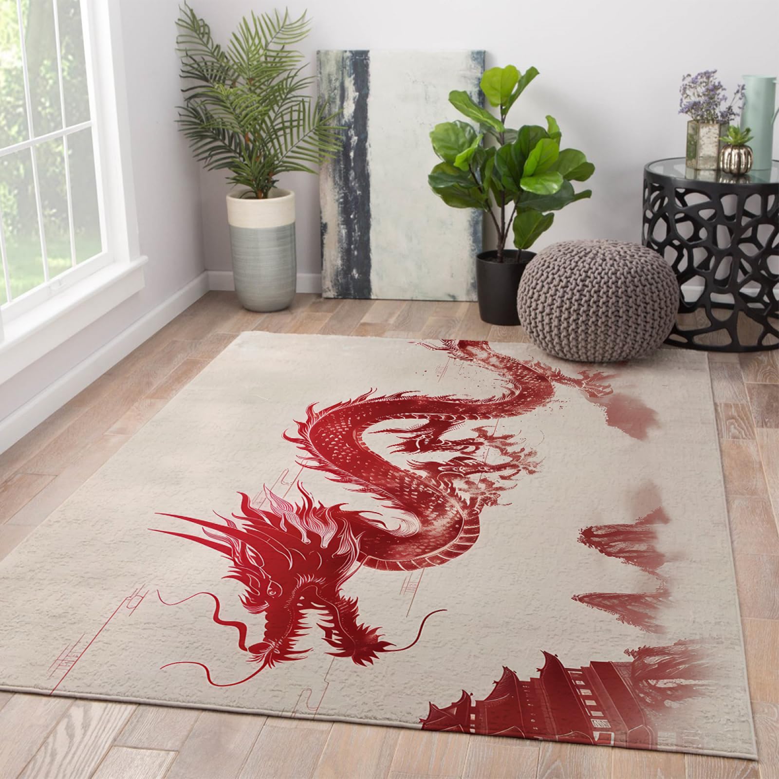 Tappeto Red Dragon 60x120cm Arte del taglio della carta vintage asiatica Tappeto giapponese Dragon per soggiorno Camera da letto Tappetino antiscivolo di facile manutenzione