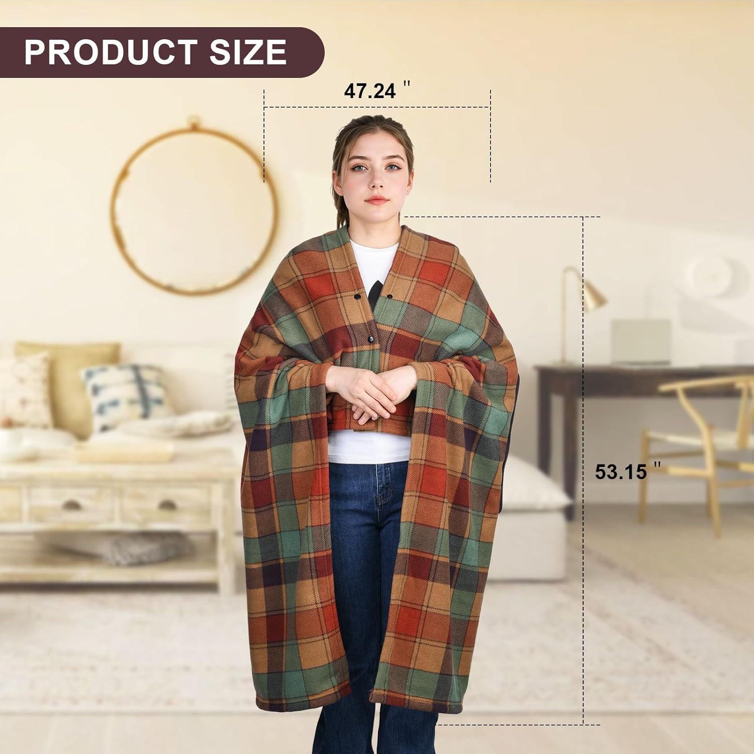 forestfish Wearable Blanket Compact Pillow 2-in-1, Lap Blanket Poncho with Button Plaid Throw Cushion for Home Office Sofa - Image 2