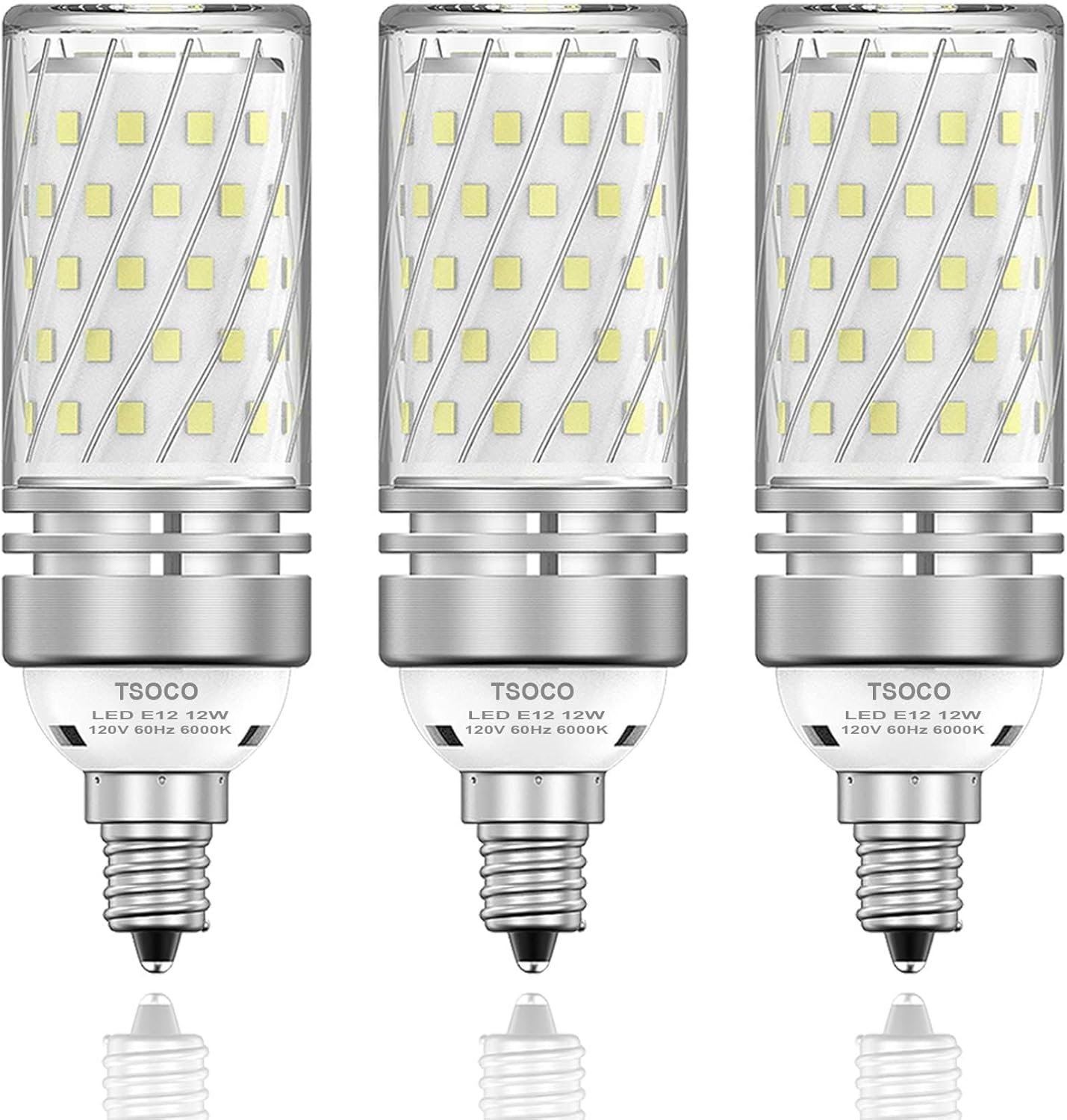 E12 LED Bulbs, 12W Chandelier Light Bulbs 6000K Daylight White, 1200LM 100W Equivalent Non-Dimmable, PC Aluminum Shell, 3 Pack
