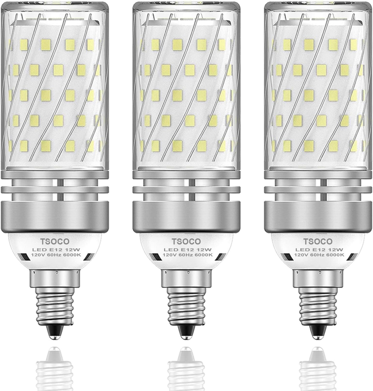 E12 LED Bulbs, 12W Chandelier Light Bulbs 6000K Daylight White, 1200LM 100W Equivalent Non-Dimmable, PC Aluminum Shell, 3 Pack