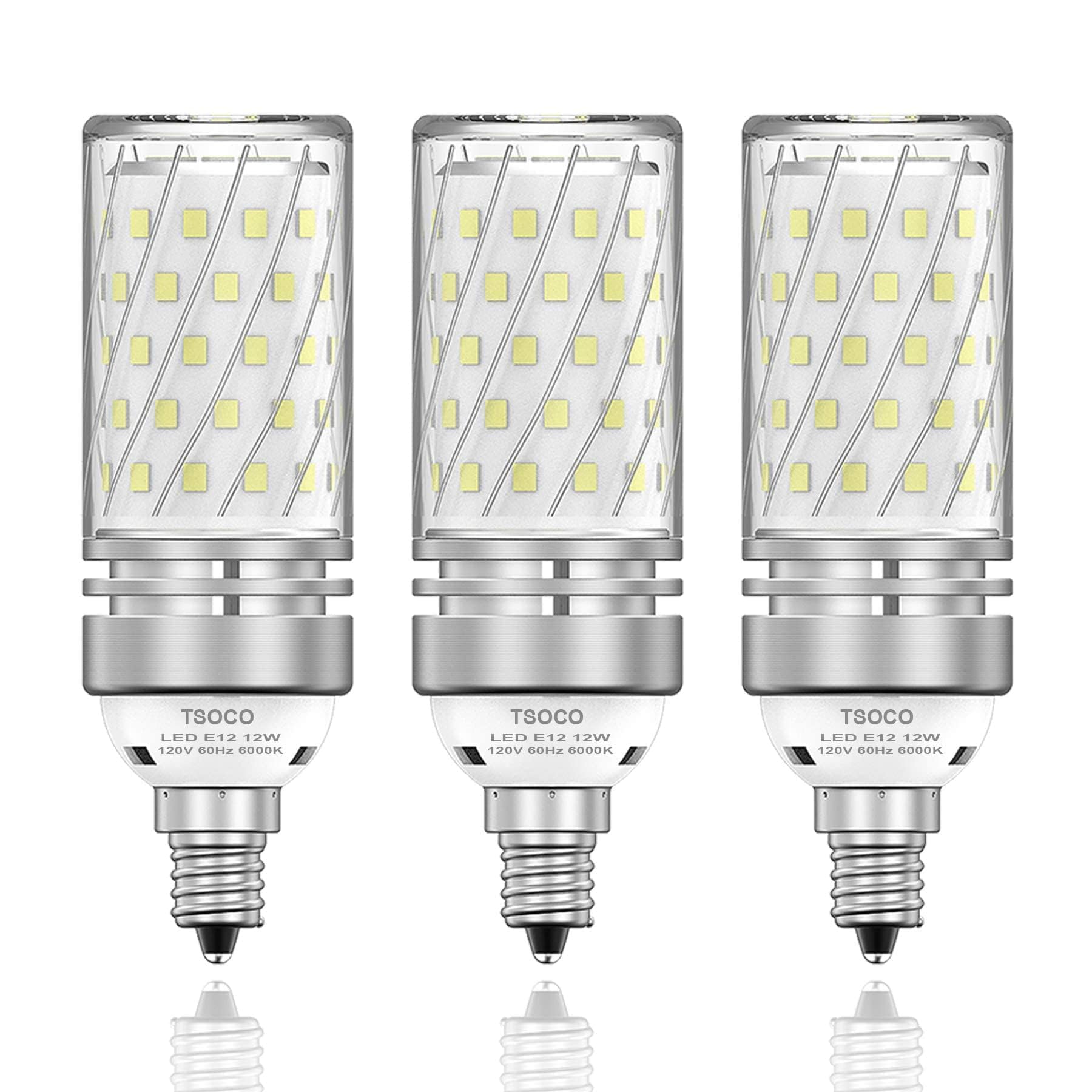 E12 LED Bulbs, 12W Chandelier Light Bulbs 6000K Daylight White, 1200LM 100W Equivalent Non-Dimmable, PC Aluminum Shell, 3 Pack Daylight-12w