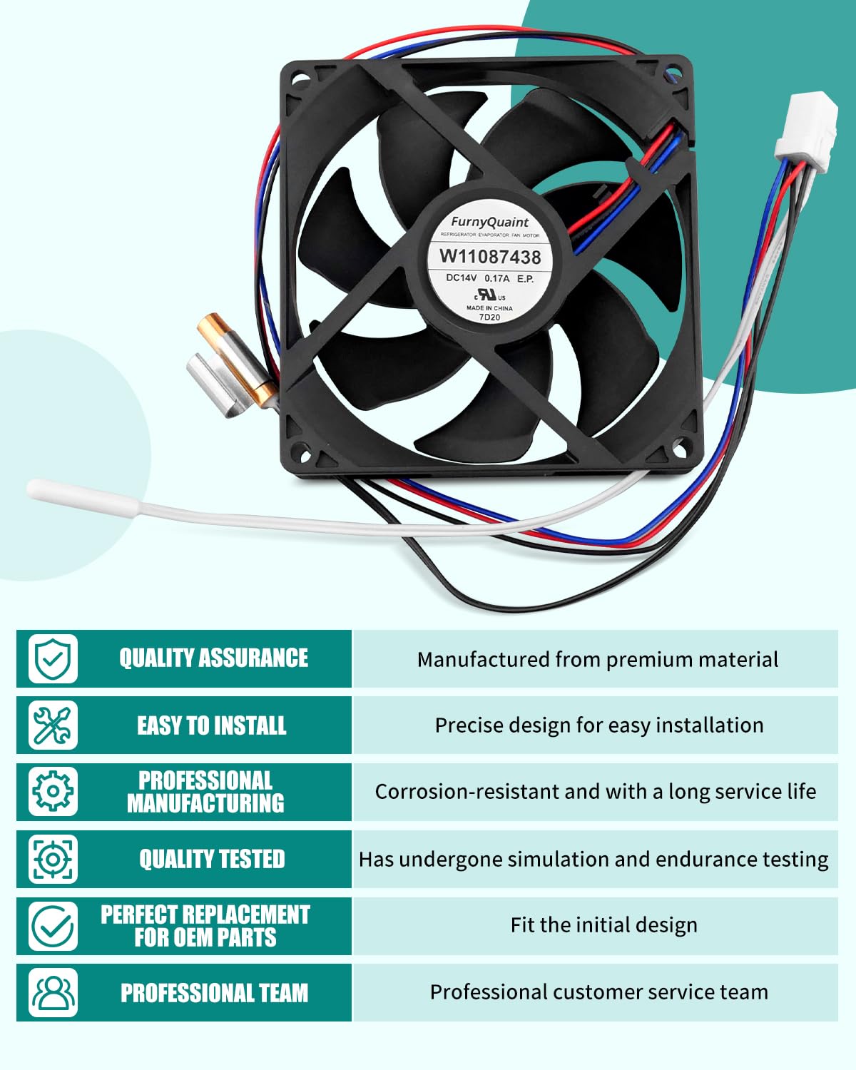W11087438 Refrigerator Evaporator Fan Motor Fit for Whirlpool, for Maytag, for KitchenAid, for Jenn-Air, for Kenmore Refrigerators Replaces W10727641, W10799016, 4534150, AP6048055, PS12070640