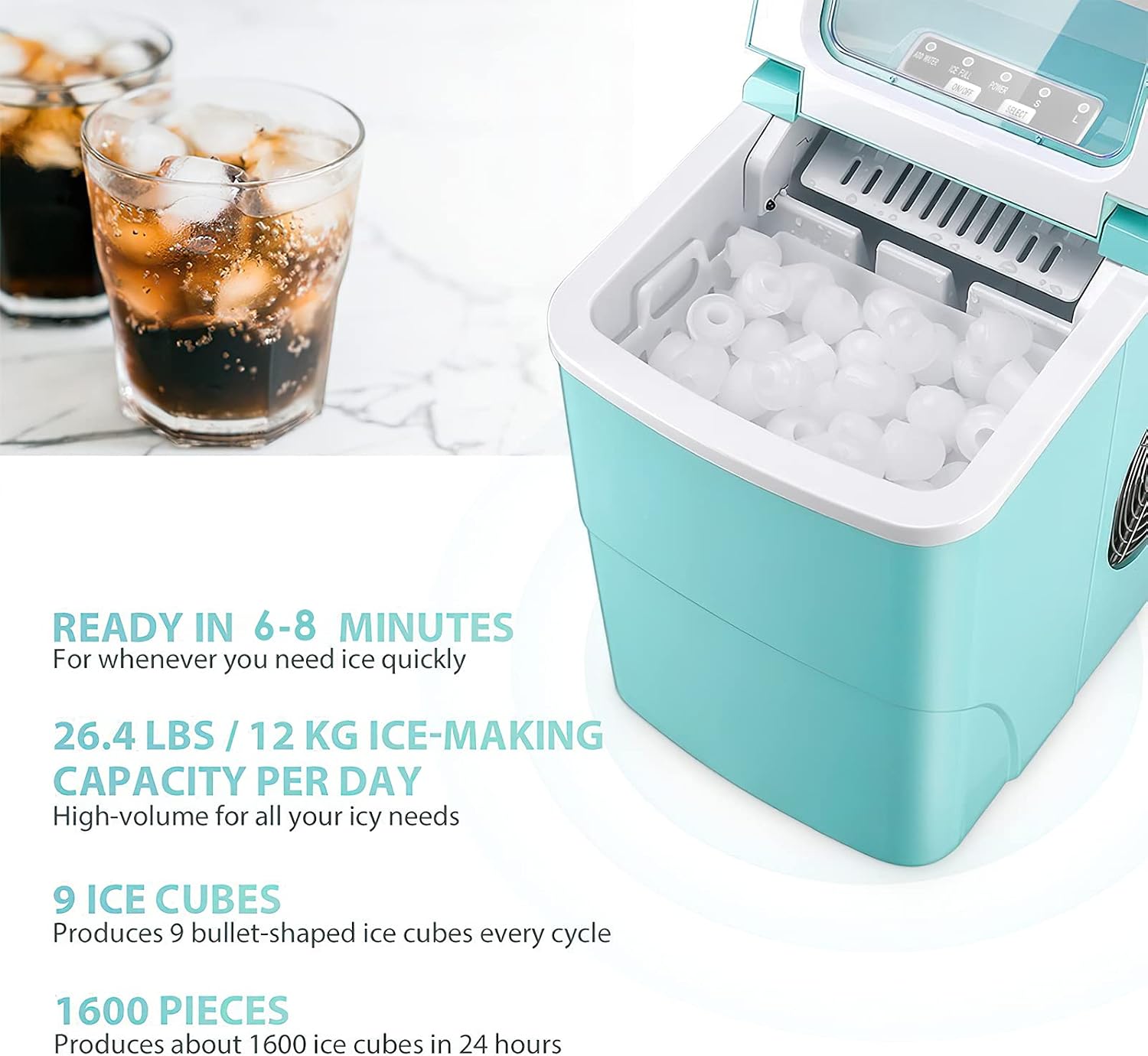 FEANOR Ice Maker with Self-Cleaning Function, Ice Makers Countertop Ice Machine 9 Cubes Ready in 6-8 Minutes Mini Ice Machine, Electric Ice Maker Compact Potable Ice Maker Perfect for Home/Kitchen/Bar