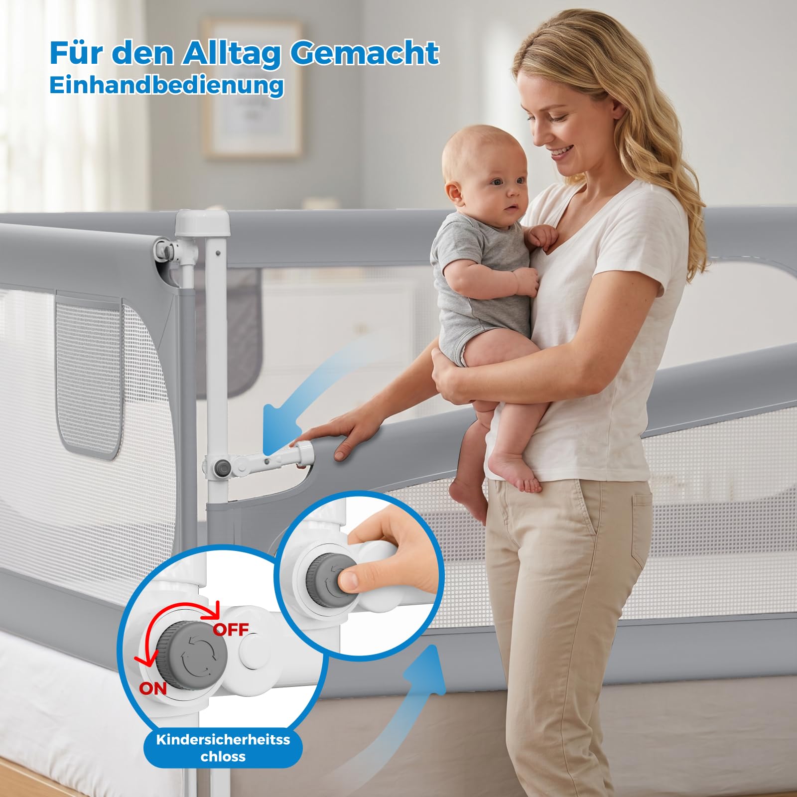 Rausfallschutz Bett 200cm – Bettgitter Stabiles U-förmiges | Stabiles Bettgitter Rausfallschutz, für Boxspringbetten und die meisten Bettarten, mit 2 Sicherheitsgurten