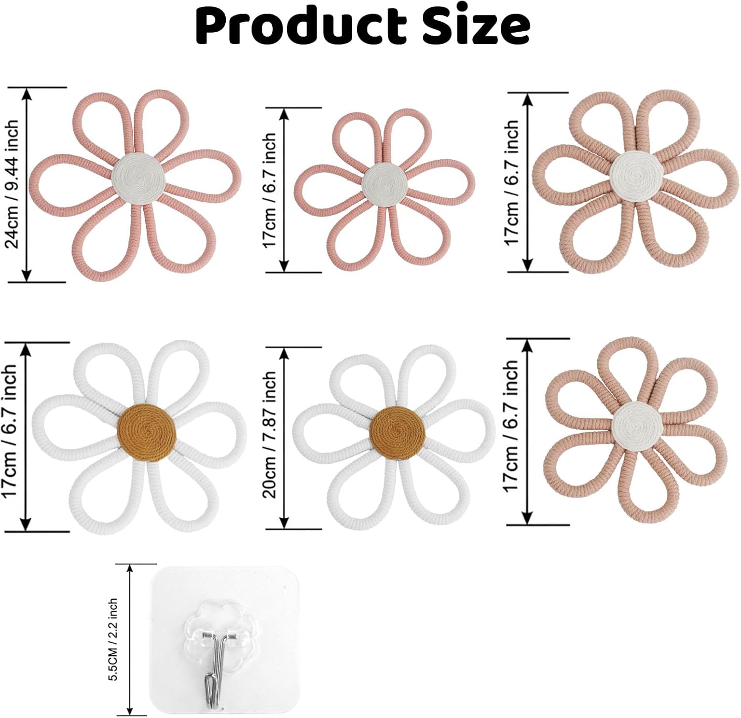 CONEHOY 6 Pcs Boho Nursery Decor Daisy with Hooks 3 Size Daisy Flower Wall Decor Bohemian Nursery Decorations Flower Woven Macrame Wall Hanging for Dorm Home Art(Pink, Brown, White)