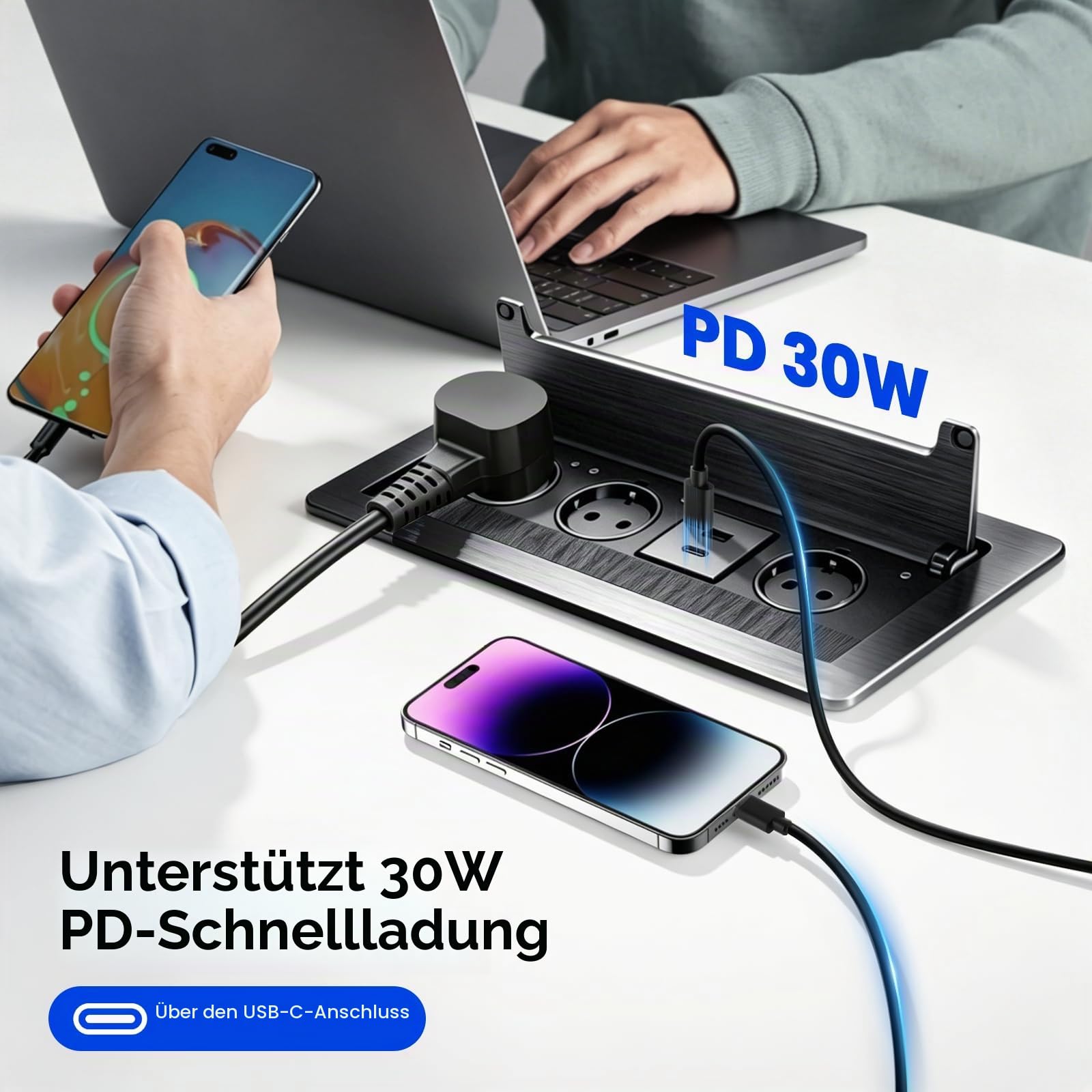 Versenkbare Steckdose 3-Fach mit Deckel, 2 USB-C PD 30W Schnellladung, Tischsteckdose mit Bürstendichtung für Konferenztisch, Arbeitsplatte & Büro, 1,8 m Kabel, Schwarz