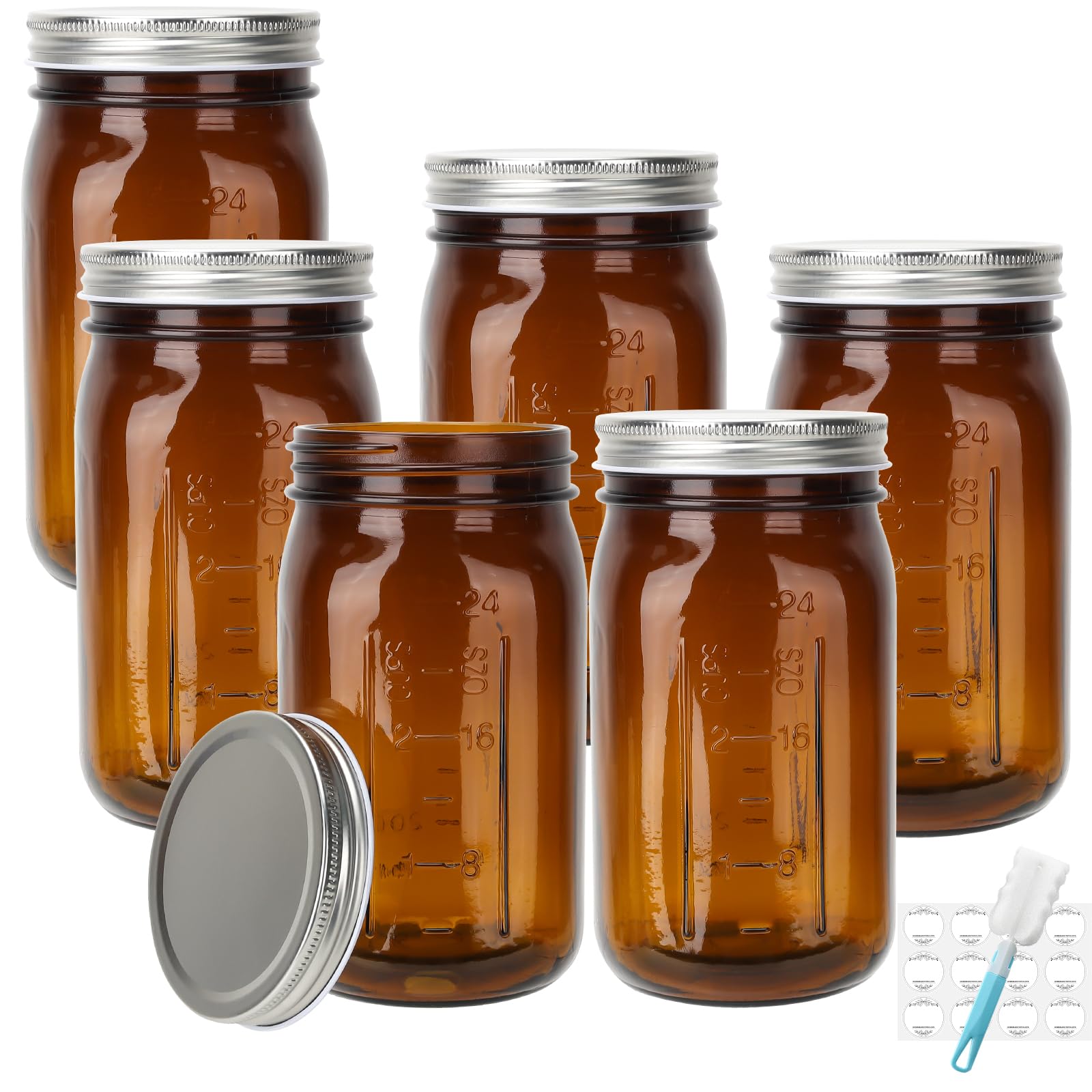 DHSBTLS Tarros de vidrio de 32 onzas, paquete de 6 tarros de vidrio ámbar de boca ancha con tapas y bandas de aluminio plateado, tarros herméticos para almacenamiento de alimentos, enlatado, avena