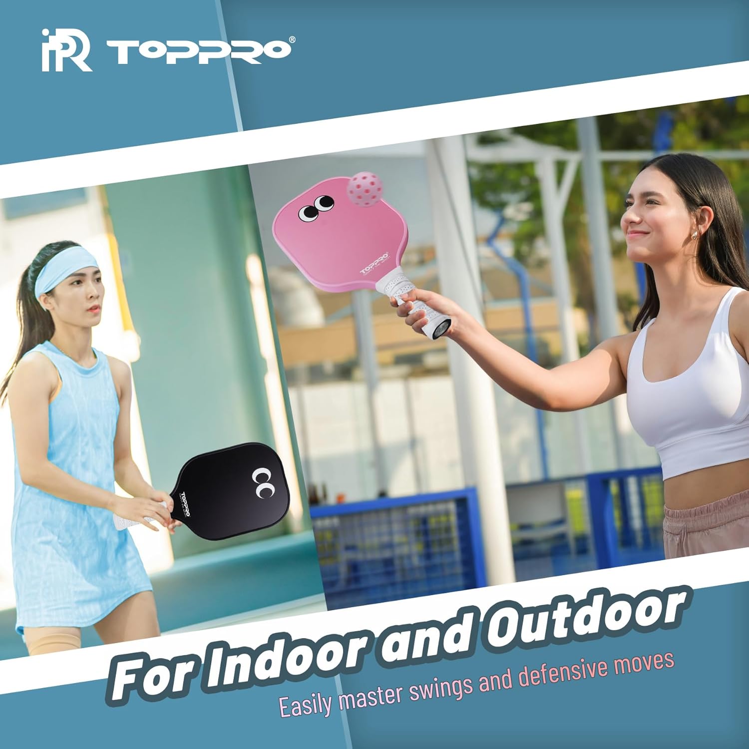 TOPPRO Pickleball Paddles Set of 2, Fiberglass Face, Polypropylene Honeycomb Core, Lightweight Pickleball Rackets 2 Pack