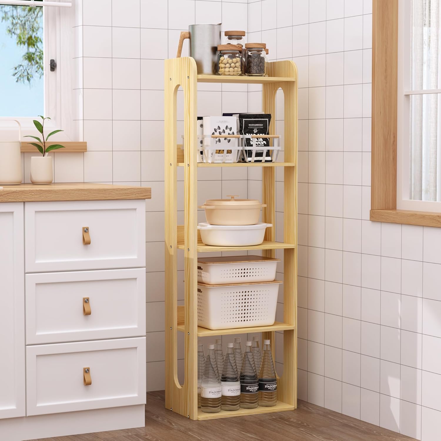 5 Tier Tall Solid Wood Bookshelf - Narrow Open Shelf Wooden Bookcase, Floor Standing Display Storage Rack Bookshelves, Large Rustic Corner Book Storage Organizer for Bedroom, Study Home Office