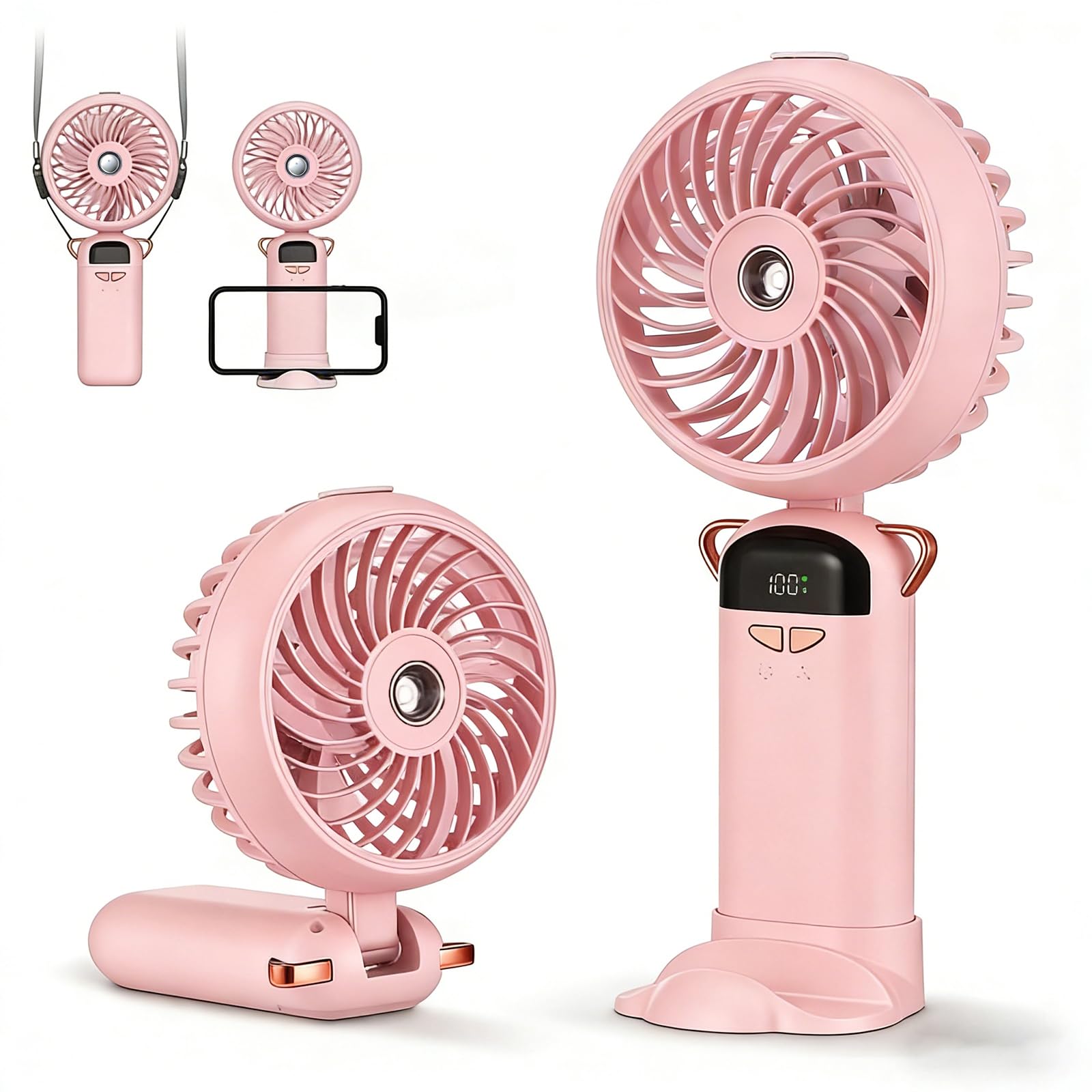 Portable Handheld Fan with Water Mist Spray, USB Rechargeable Handheld Fan with 5 Speeds, Mini Lightweight Battery Powered Small Desk Cooling Spray fan with phone holder for School, Camping (Pink)