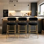 Bar Stools Set of 3, Boucle 24 Inch Modern Counter Height Bar Stools with Backs,Upholstered Barstools with Gold Legs for Kitchen Island, Bar, Cafe