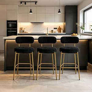 Bar Stools Set of 3, Boucle 24 Inch Modern Counter Height Bar Stools with Backs,Upholstered Barstools with Gold Legs for Kitchen Island, Bar, Cafe