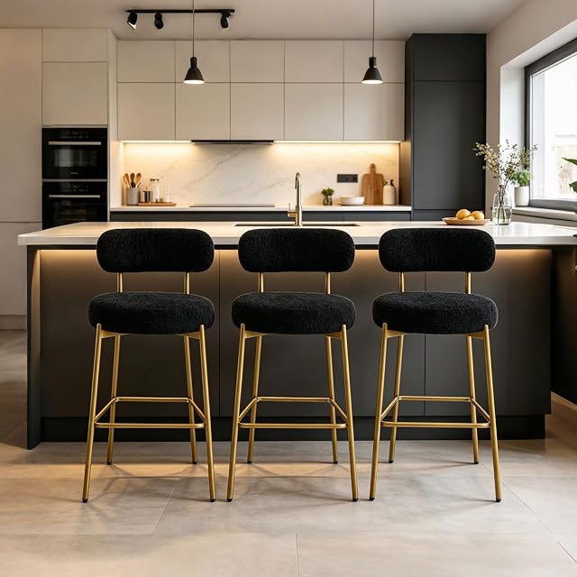 Bar Stools Set of 3, Boucle 24 Inch Modern Counter Height Bar Stools with Backs,Upholstered Barstools with Gold Legs for Kitchen Island, Bar, Cafe