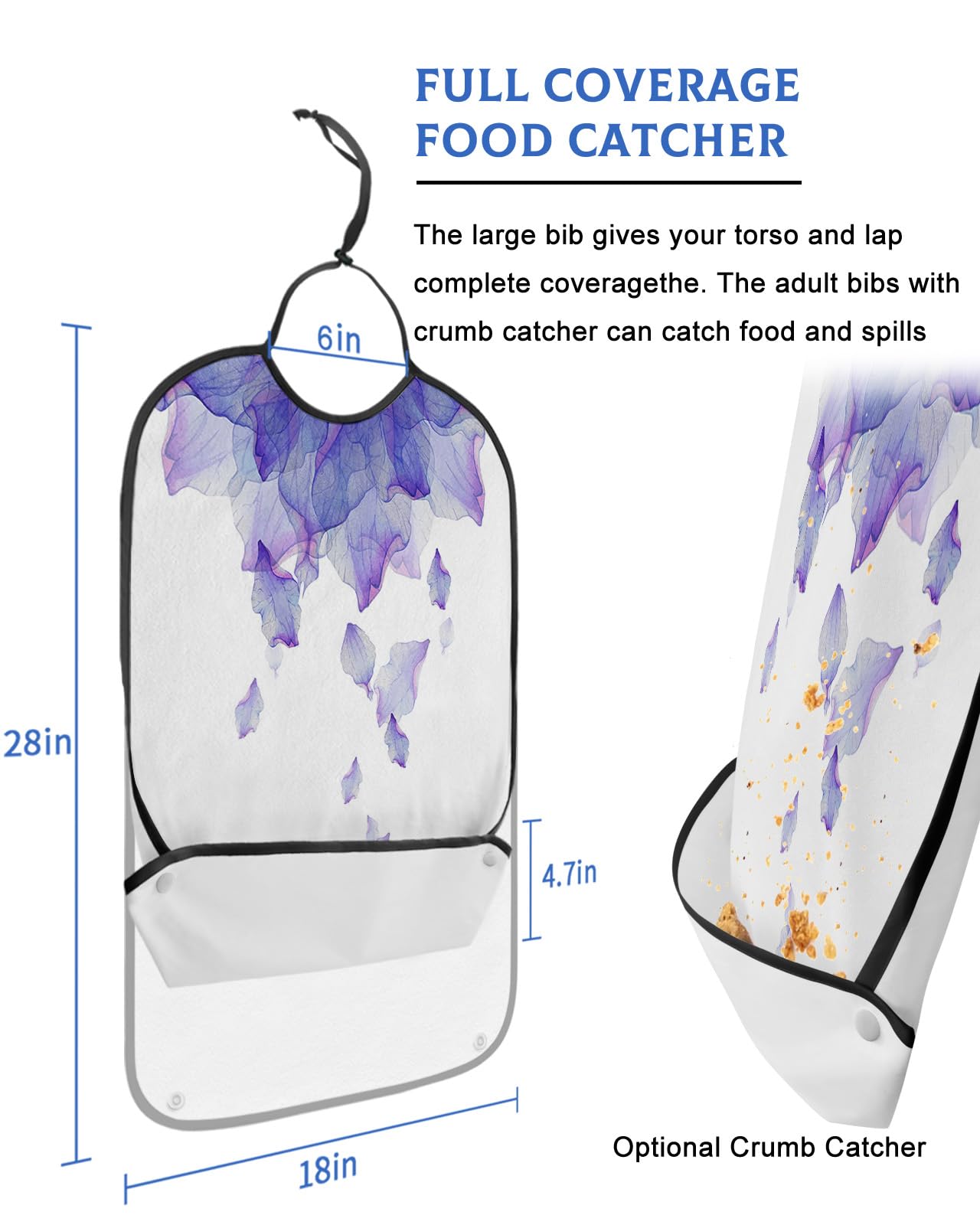 Adult Bibs for Elderly Women - Purple Ombre Waterproof Dining Clothing Protectors with Crumb Catcher for Eating/Feeding, Watercolor Purple Floral Modern Abstract Art Terry Cloth Bib Machine Washable