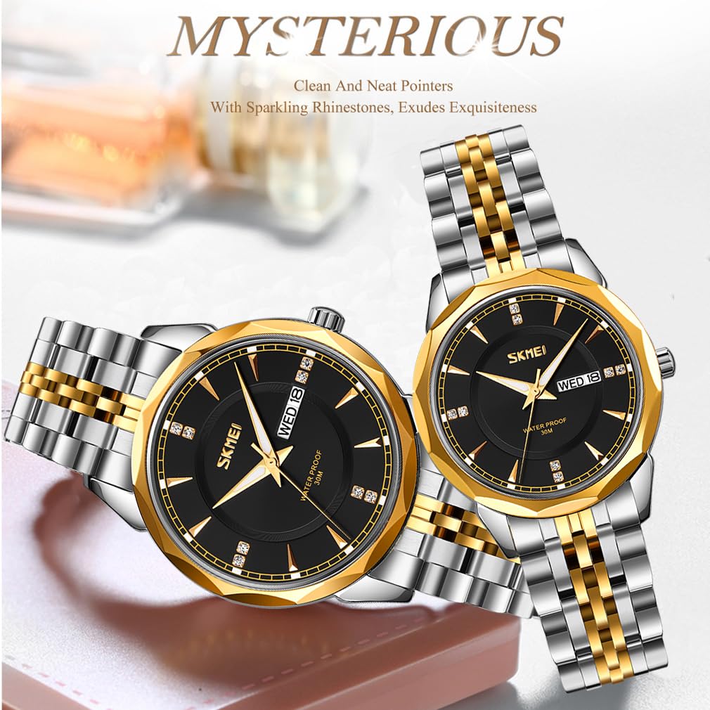 Relojes para mujeres mujeres vestido de acero inoxidable de lujo negocios clásico moda analógico cuarzo impermeable simple día fecha esposa niñas regalos oro plata reloj de pulsera SKMEI, Correa
