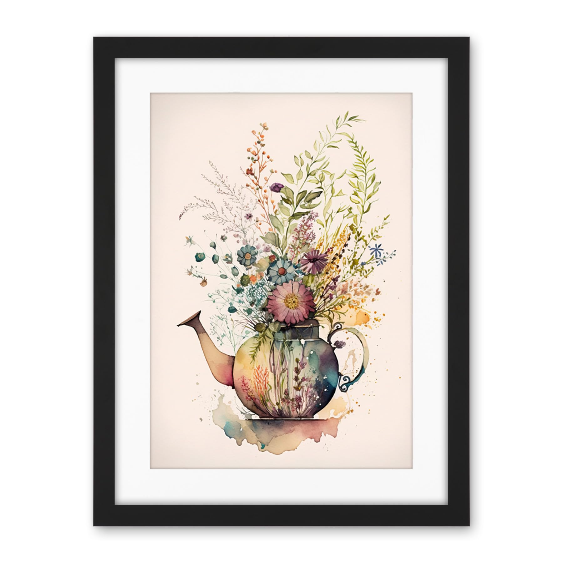 Artery8 Wildflower Floral Spring Bouquet in a Teapot Vase Artwork Framed Wall Art Print 18X24 Inch
