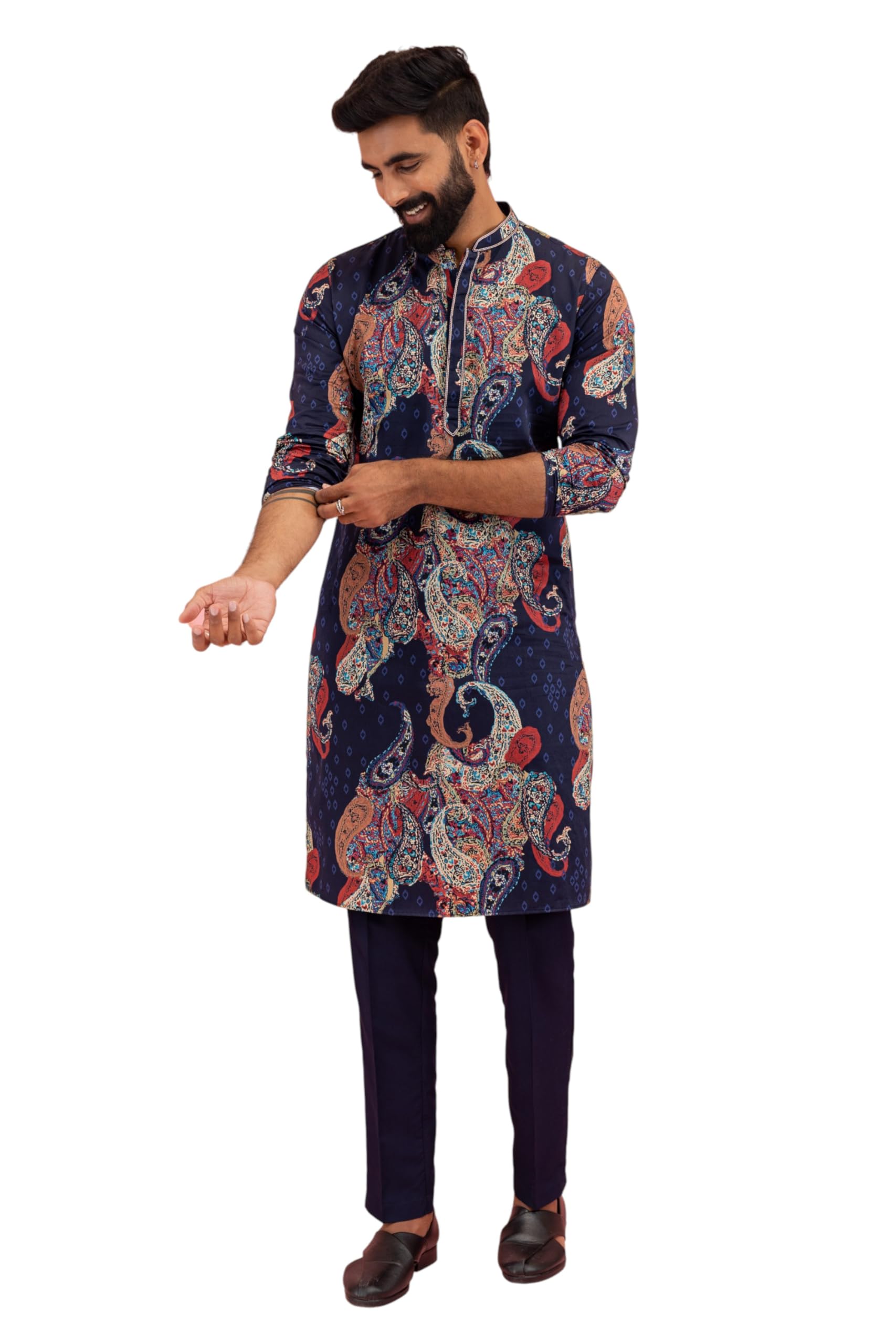 kisah Men's Navy Blue Kurta Trouser Set, Straight Long Sleeves Regular Fit Mandarin Collar-picture-25