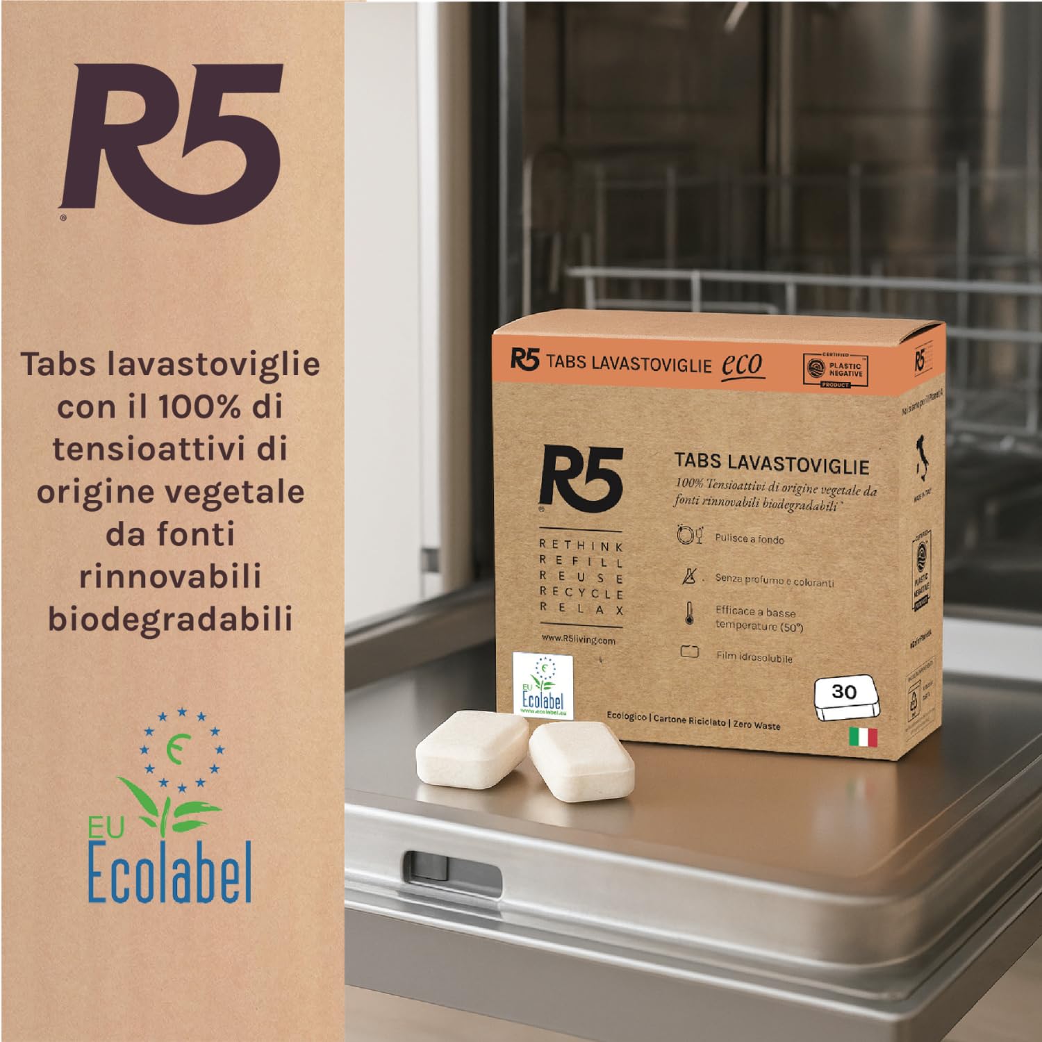 R5, Eco Tabs Lavastoviglie, 120 Pastiglie Lavastoviglie, con Tensioattivi di Origine Vegetale, Certificate Ecolabel, Climate Partner, Made in Italy, 4 x 30 Pods