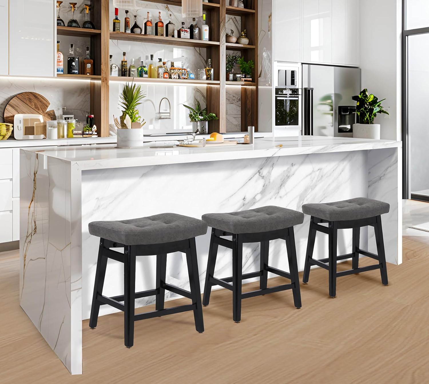 RNKSFX Counter Height Bar Stools Set of 2 for Kitchen Counter Farmhouse Modern Island Barstools with Faux Leather Upholstered Backless Seat and Solid Wood Legs 24 inch Bar Chairs, Grey + Black