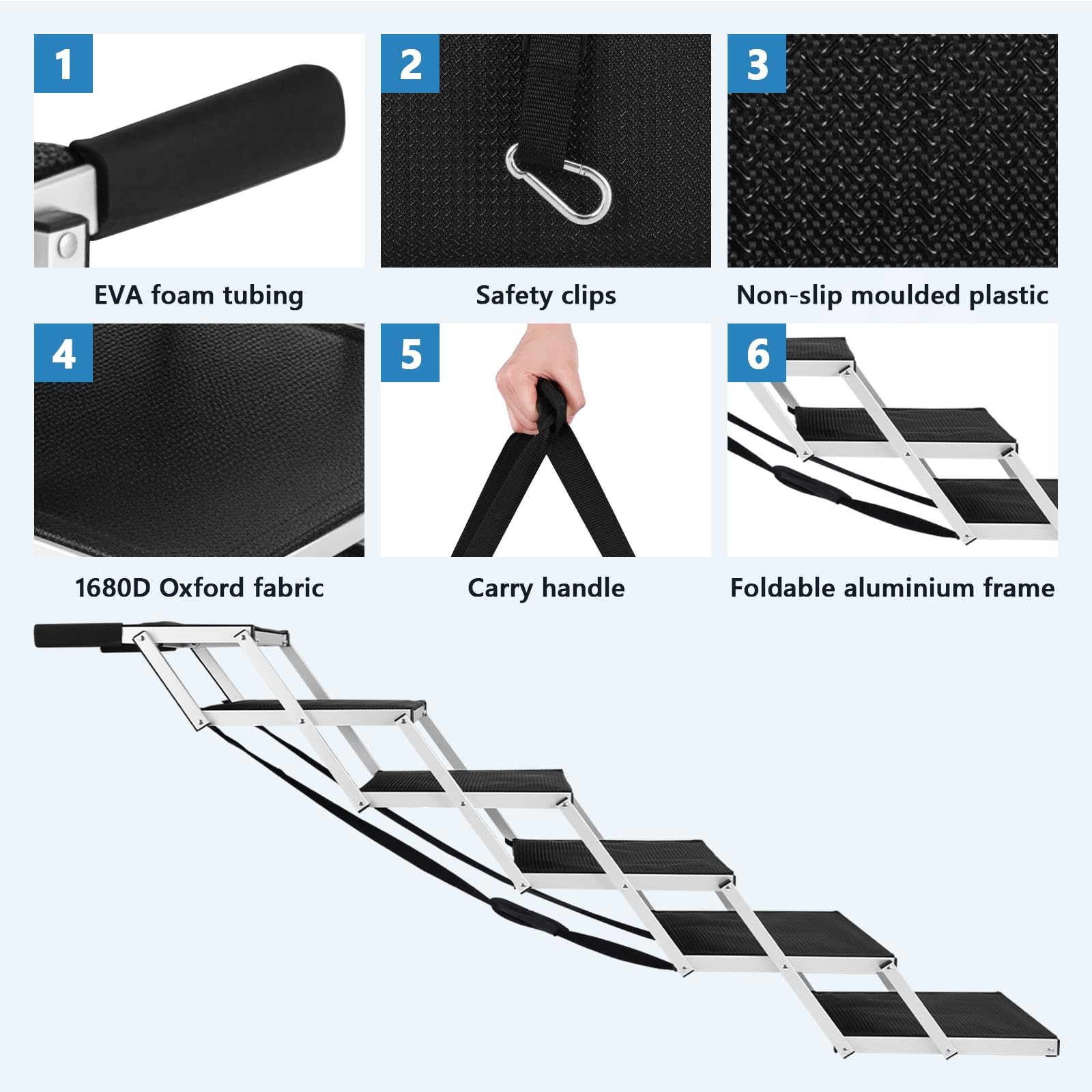 MXBAOHENG Escalera plegable para perros, soporta hasta 70 kg, rampa para perros, marco de aluminio, escalera portátil con antideslizante para perros con problemas articulares (6 peldaños, escalera