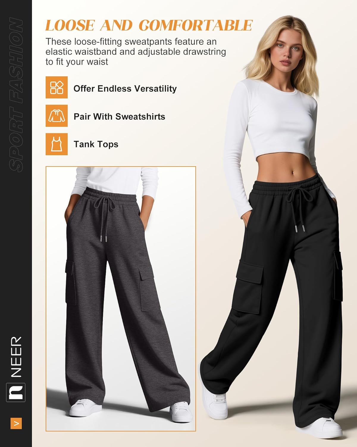 Neer 3 Pack Women's Cargo Sweatpants Wide Leg Baggy Loose Elastic Drawstring Pants Casual Athletic Joggers with 4 Pockets - Image 4