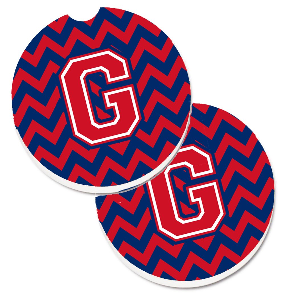 Letter G Chevron Yale Blue & Crimson Set of 2 Cup Holder Car Coaster