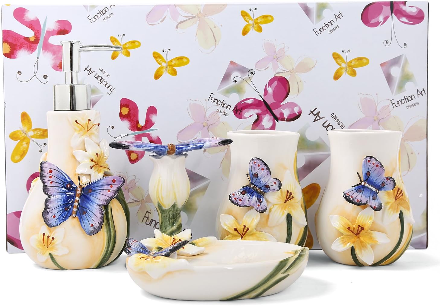 Ceramic Bathroom Accessory Set Dancing Butterfly Ceramic 5 Pieces Set,Including Toothbrush Holders,2 Gargle Tooth-Brushing Cups,Soap Dishes,Soap & Lotion Dispenser