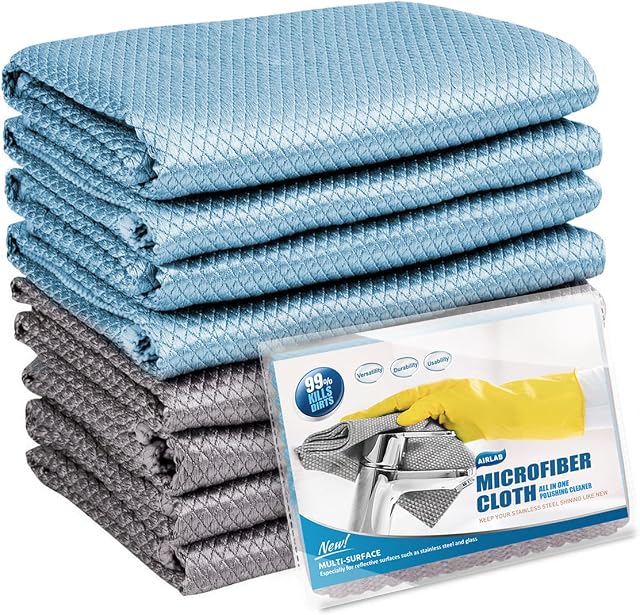 Airlab 8 Pcs Magic Cleaning Cloth, Lint Free Microfibre Cleaning Cloth for Glass and Window, Nanoscale Polishing Cloth for Home All Purpose, Wipes for Car Mirror Kitchen Dish, 12" x 16"